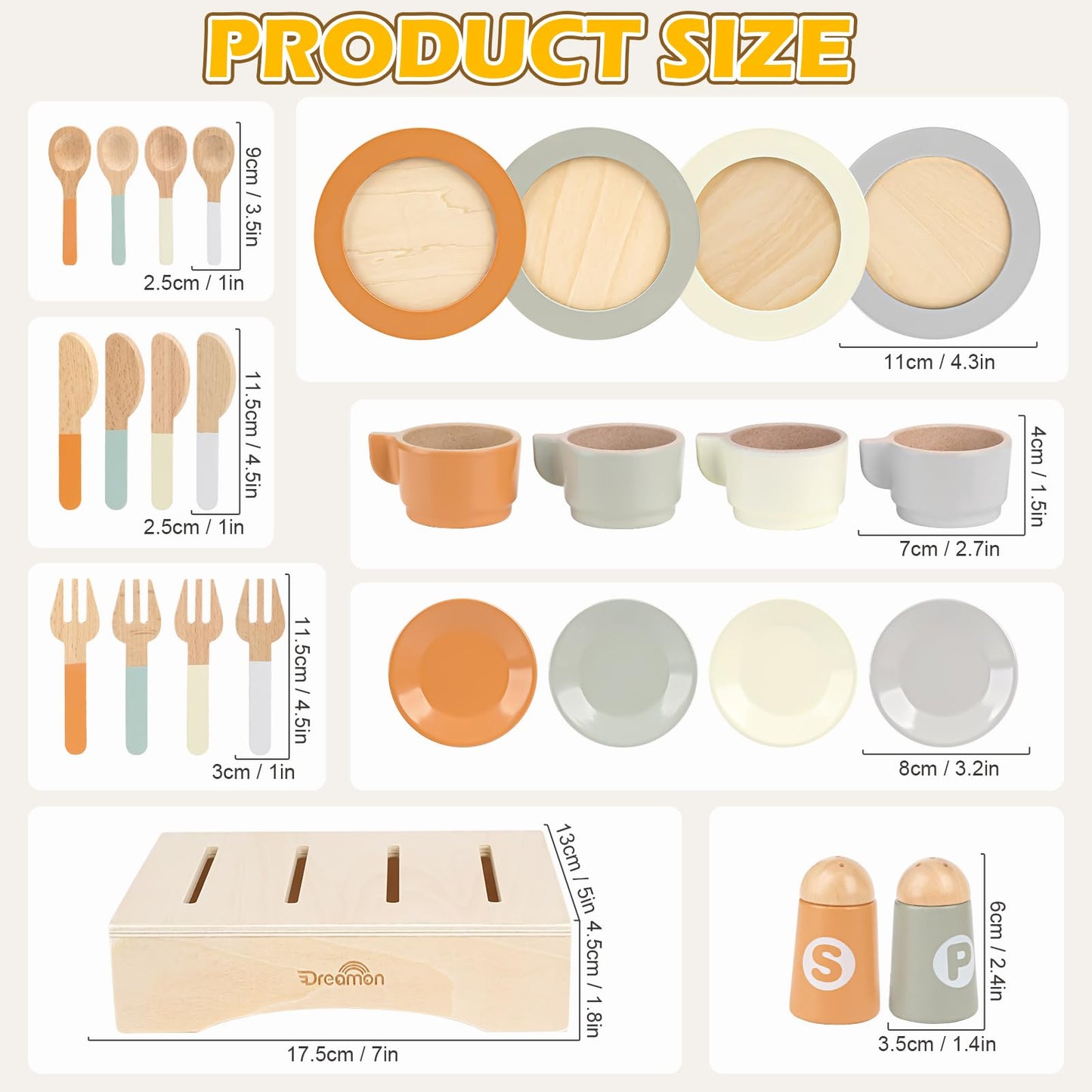 Dreamon Wooden Play Dishes & 27-Piece Kids Kitchen Set – Safe, Durable Pretend Play Toys