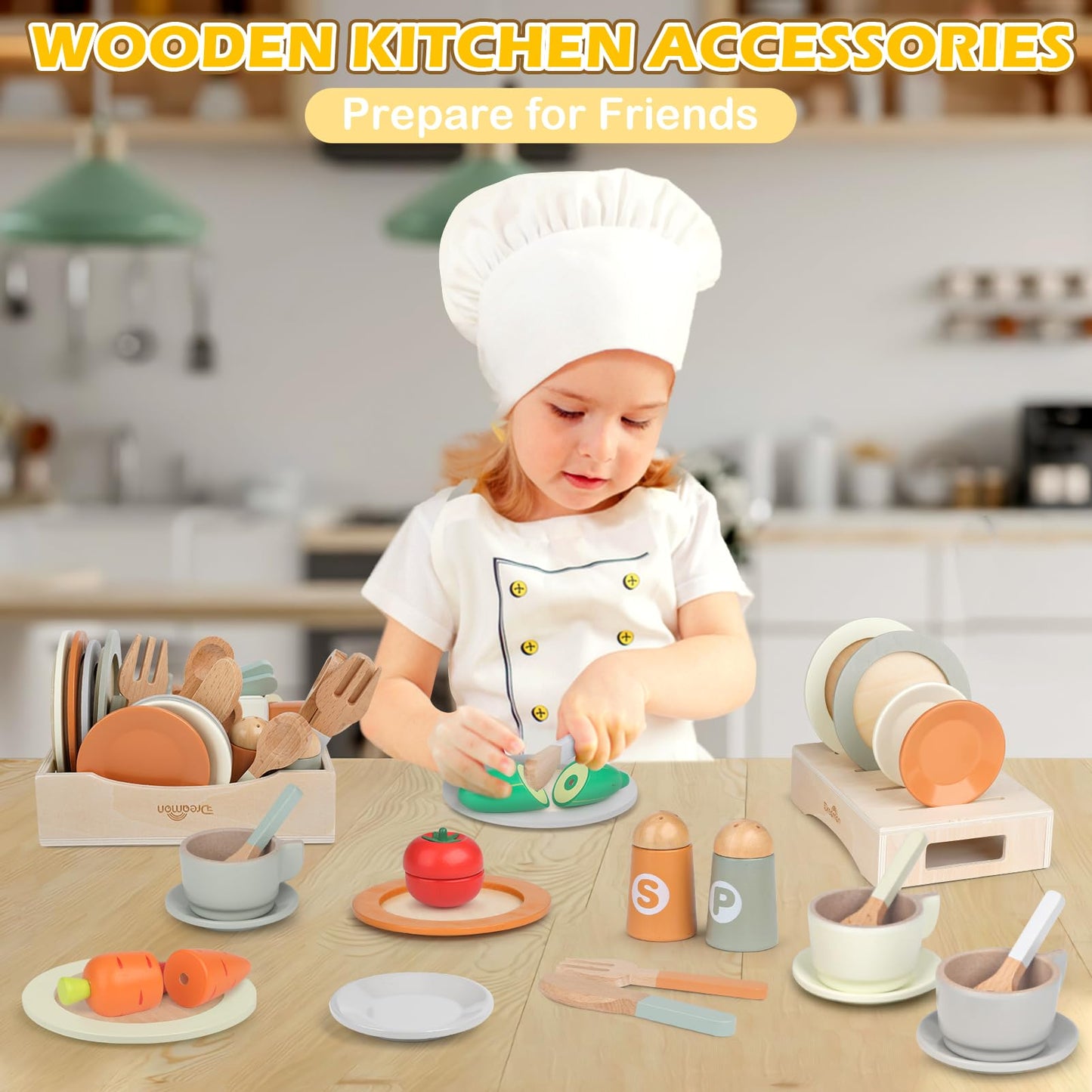 Dreamon Wooden Play Dishes & 27-Piece Kids Kitchen Set – Safe, Durable Pretend Play Toys