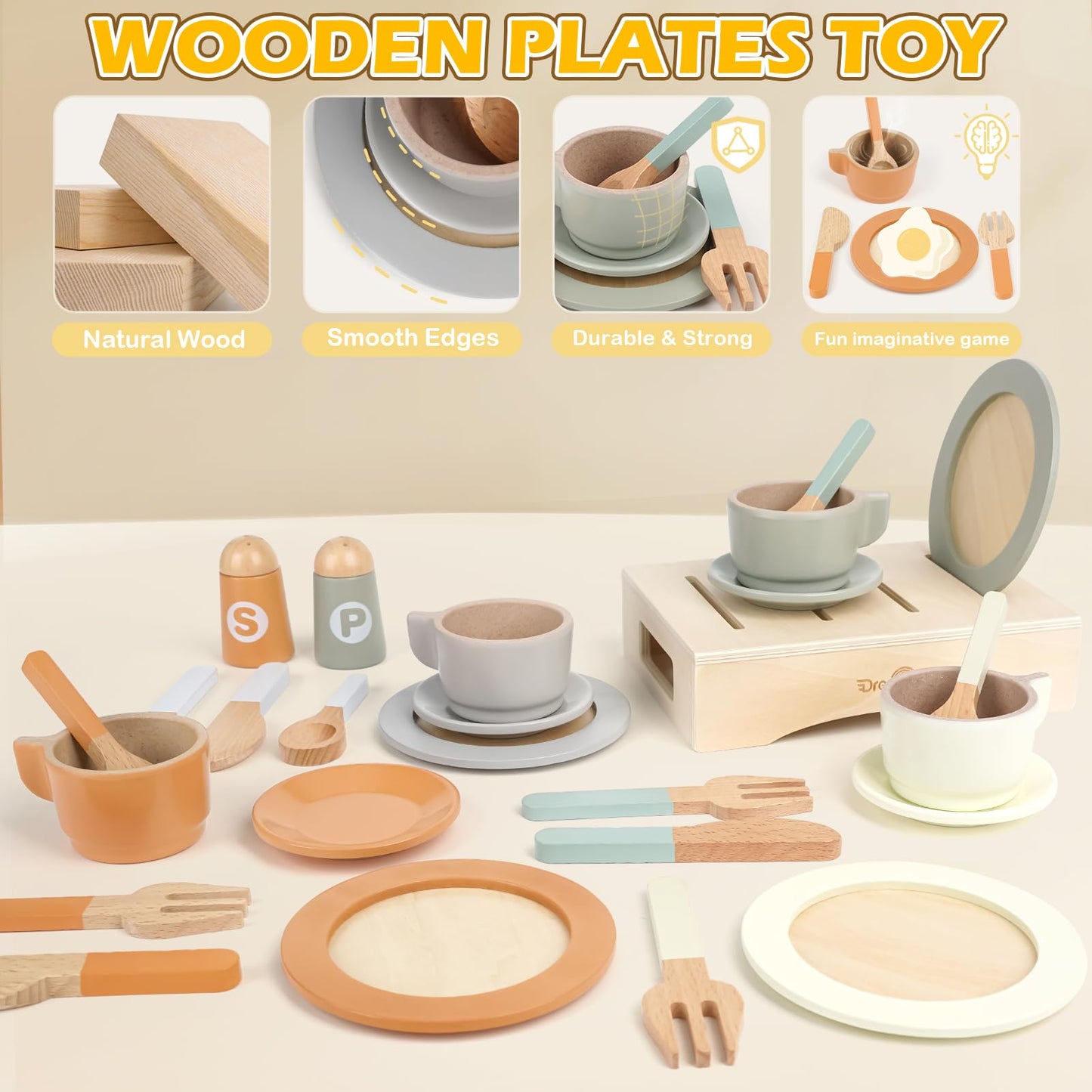 Dreamon Wooden Play Dishes & 27-Piece Kids Kitchen Set – Safe, Durable Pretend Play Toys