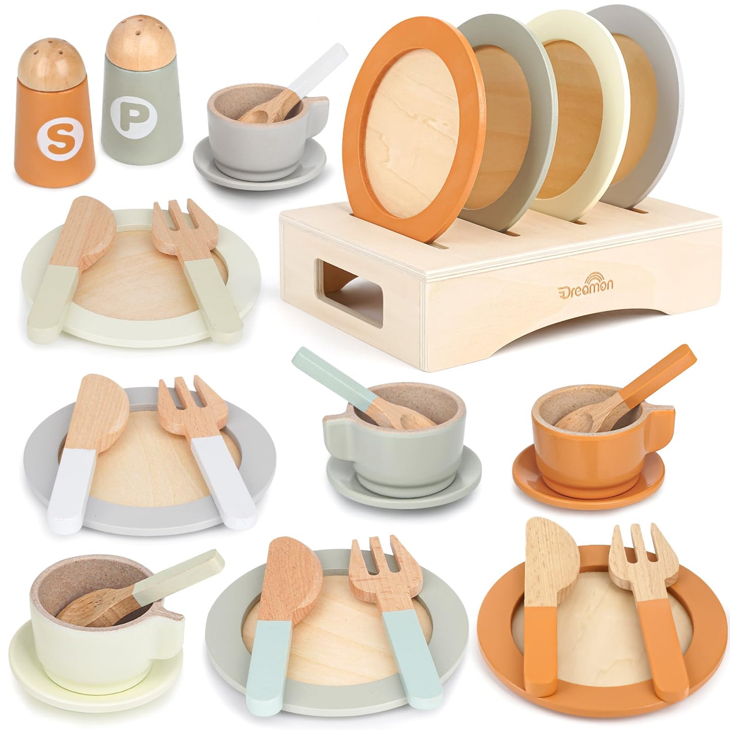 Dreamon Wooden Play Dishes & 27-Piece Kids Kitchen Set – Safe, Durable Pretend Play Toys