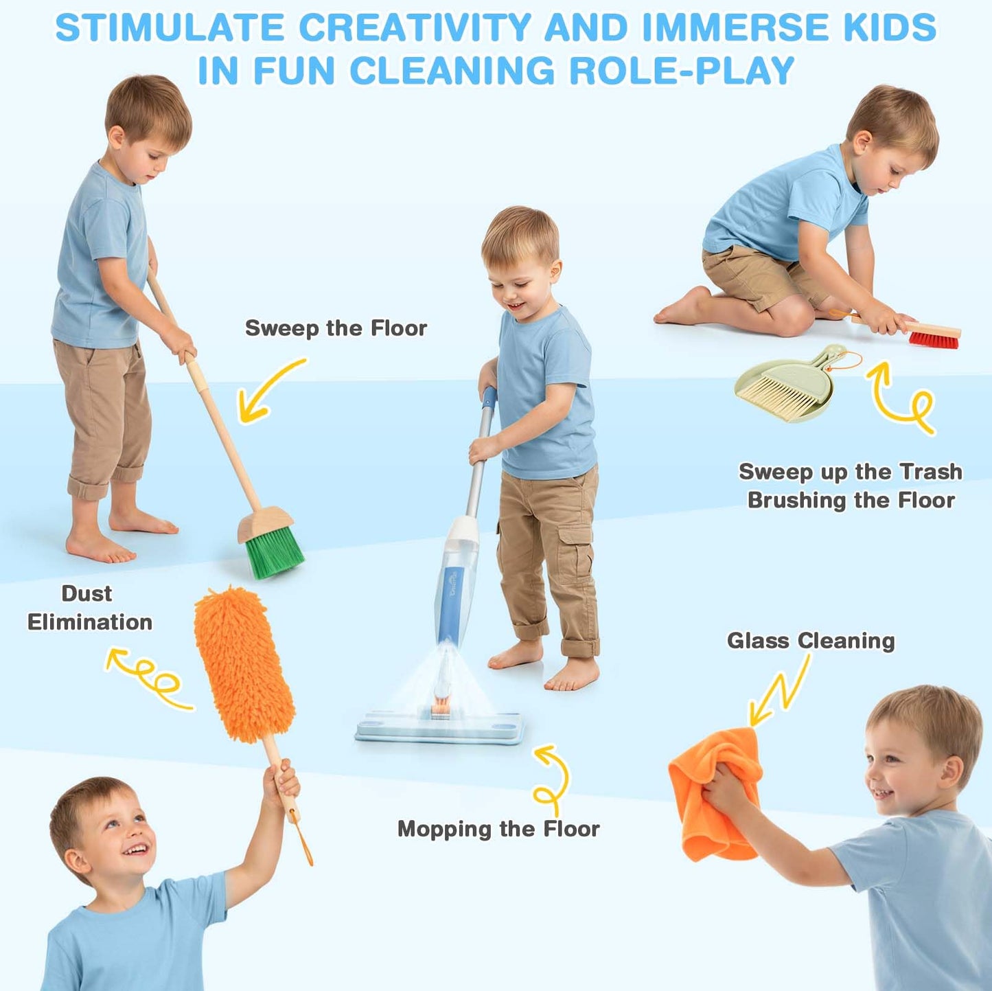 Dreamon Wooden Toddler Cleaning Set – 10-Piece Real Spray Mop & Montessori Toys