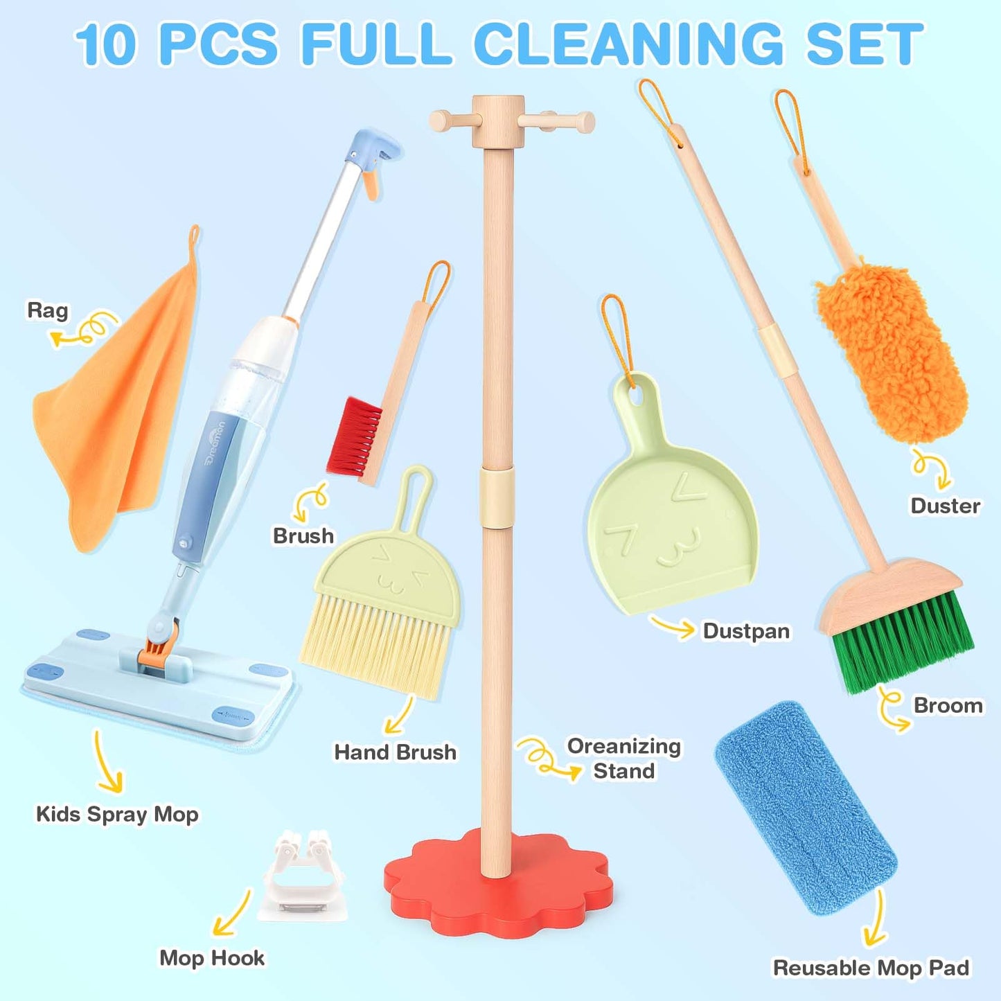 Dreamon Wooden Toddler Cleaning Set – 10-Piece Real Spray Mop & Montessori Toys
