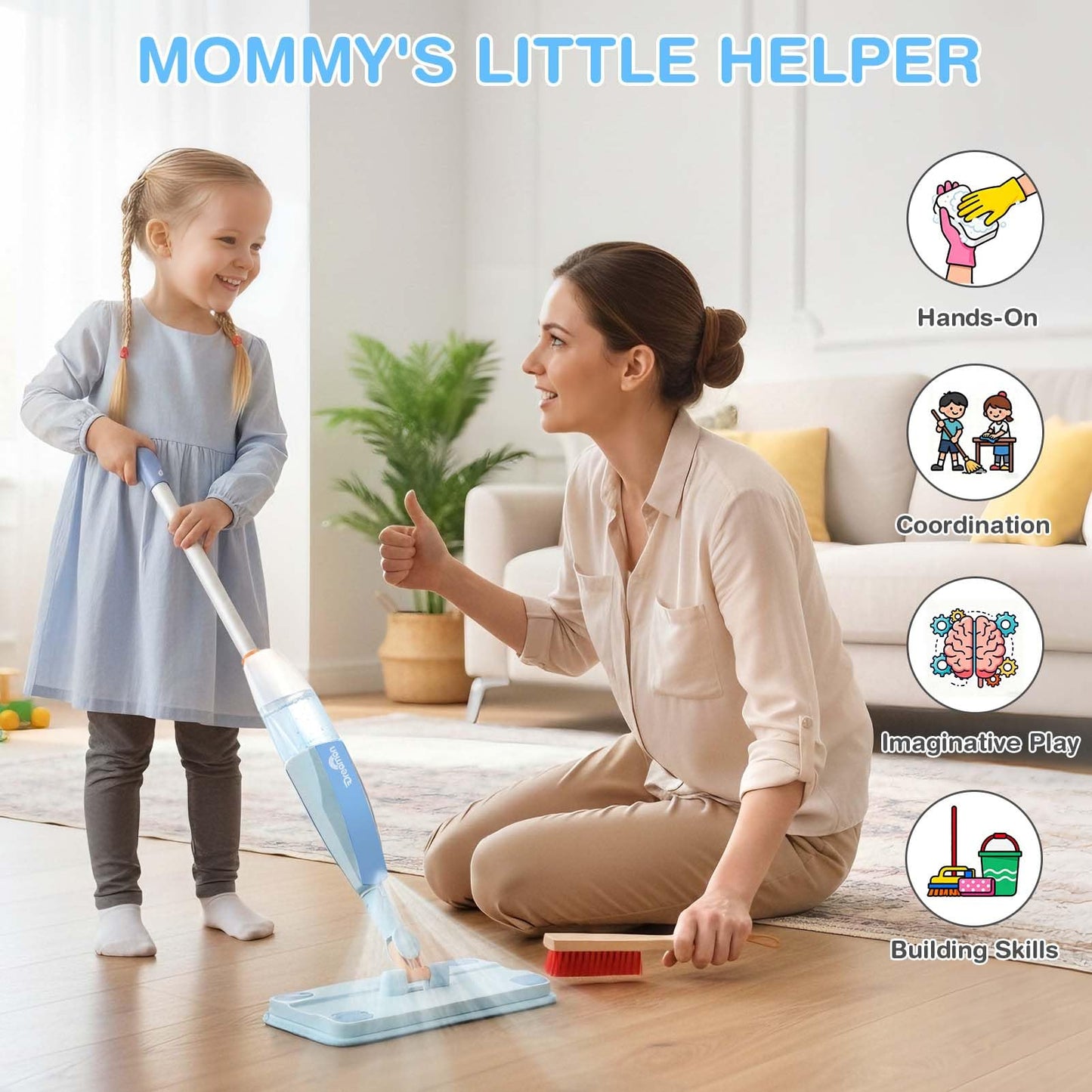 Dreamon Wooden Toddler Cleaning Set – 10-Piece Real Spray Mop & Montessori Toys