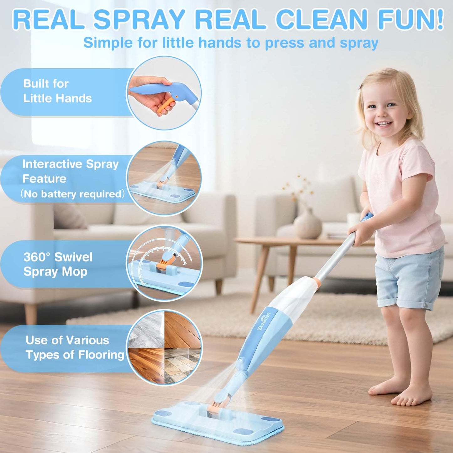 Dreamon Wooden Toddler Cleaning Set – 10-Piece Real Spray Mop & Montessori Toys