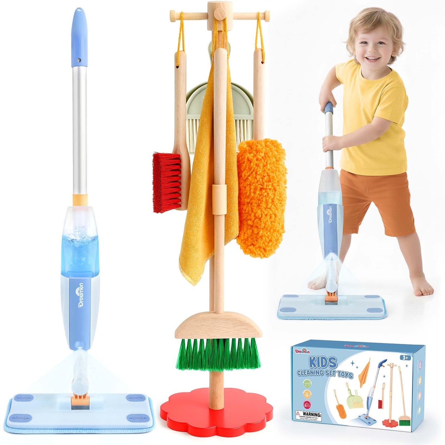Dreamon Wooden Toddler Cleaning Set – 10-Piece Real Spray Mop & Montessori Toys