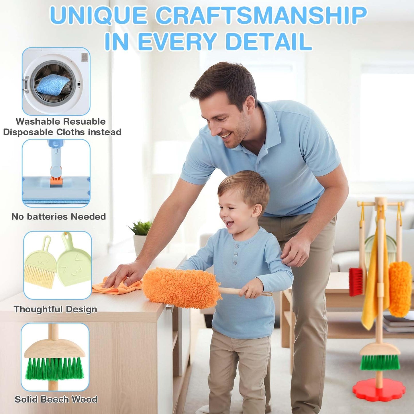 Dreamon Wooden Toddler Cleaning Set – 10-Piece Real Spray Mop & Montessori Toys