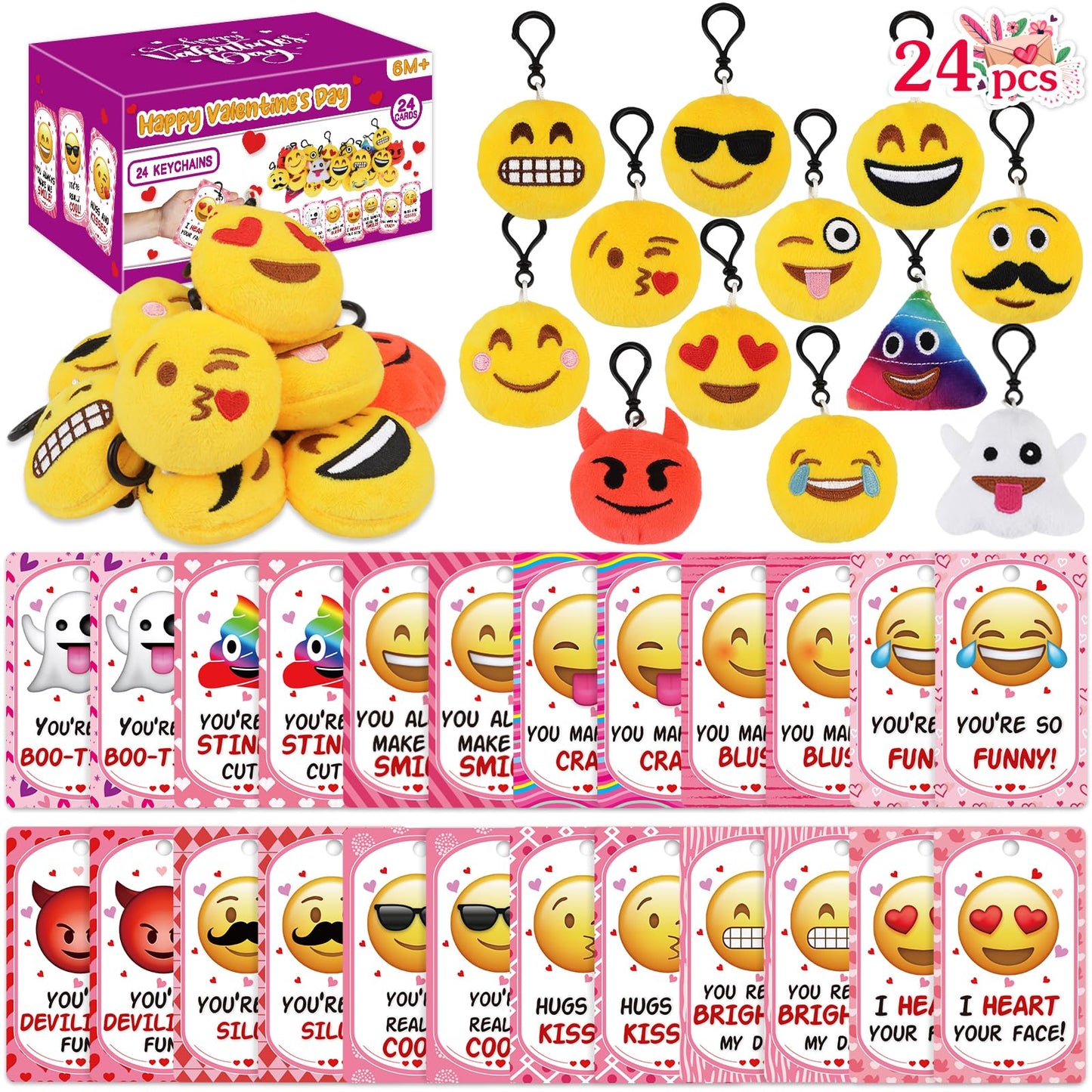 Dreampark Valentines Day Cards for Kids – 24 Pcs with Emoticon Plush Keychains | Classroom Exchange & Party Favors