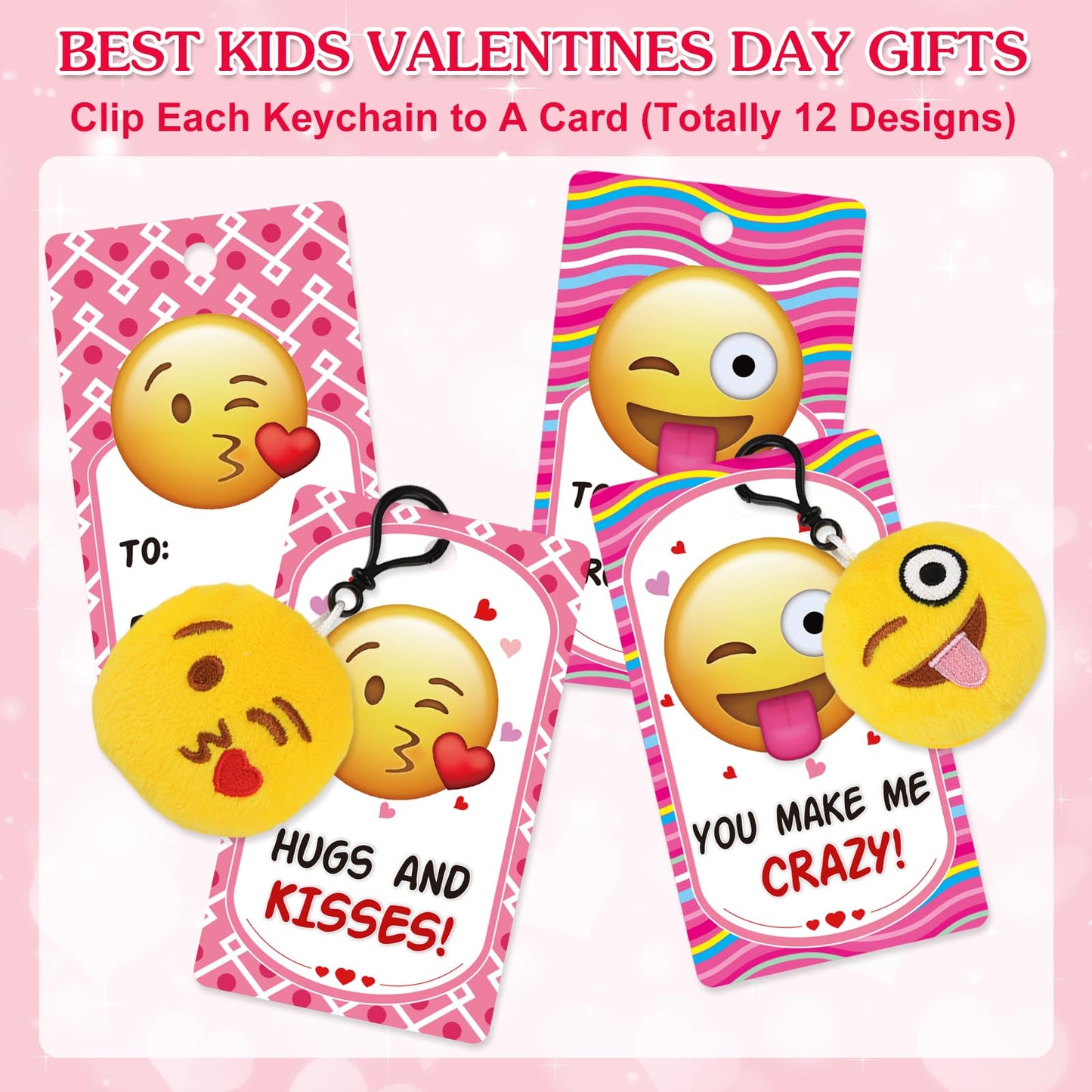 Dreampark Valentines Day Cards for Kids – 24 Pcs with Emoticon Plush Keychains | Classroom Exchange & Party Favors