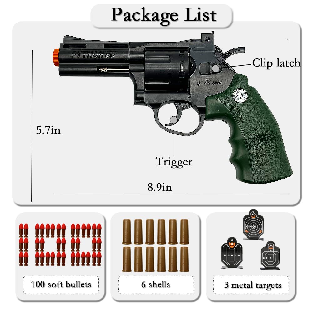Dreamplay Soft Bullets Revolver Toy Gun – Safe Foam Blasters, 100 Bullets, 12 Shells & 3 Targets, Green