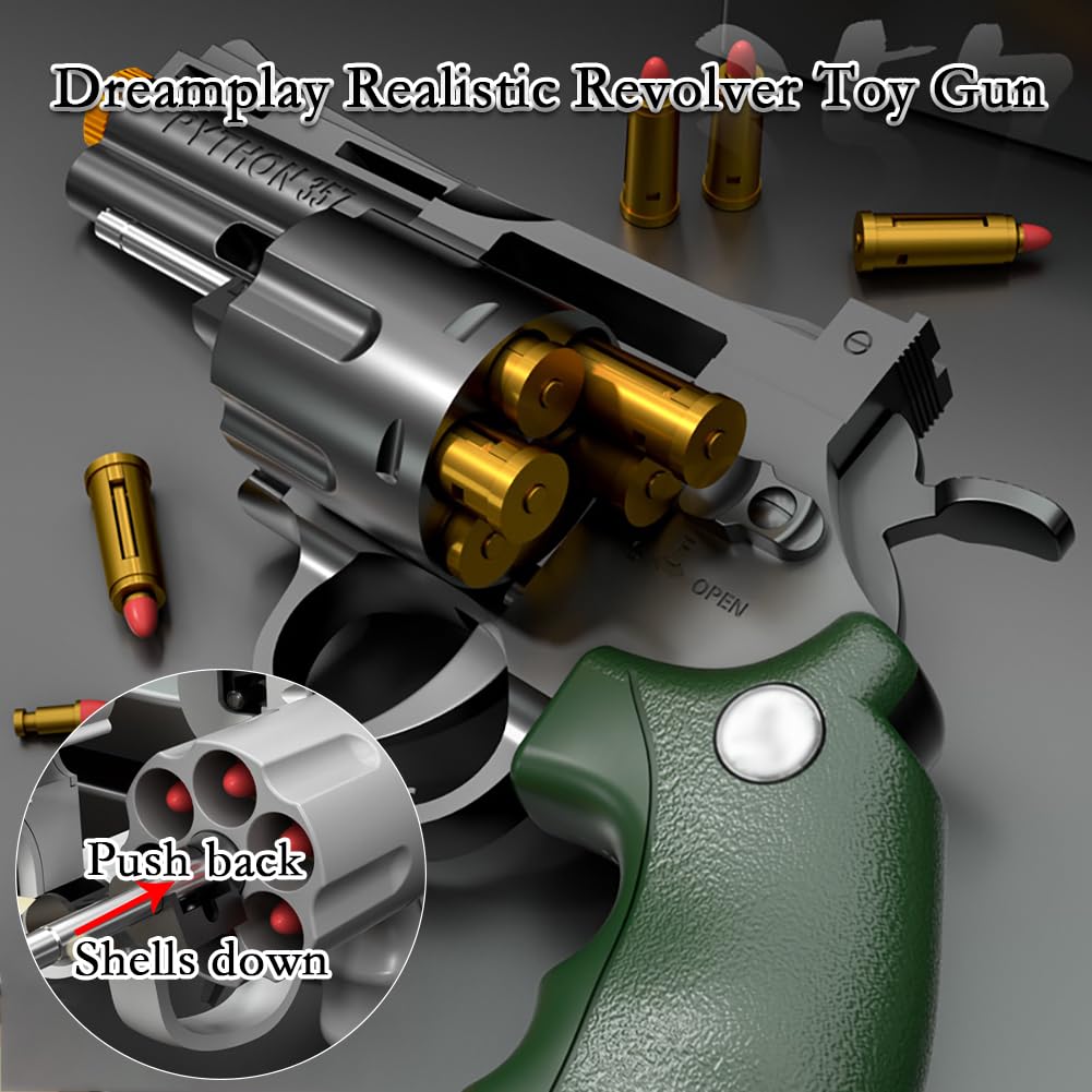 Dreamplay Soft Bullets Revolver Toy Gun – Safe Foam Blasters, 100 Bullets, 12 Shells & 3 Targets, Green