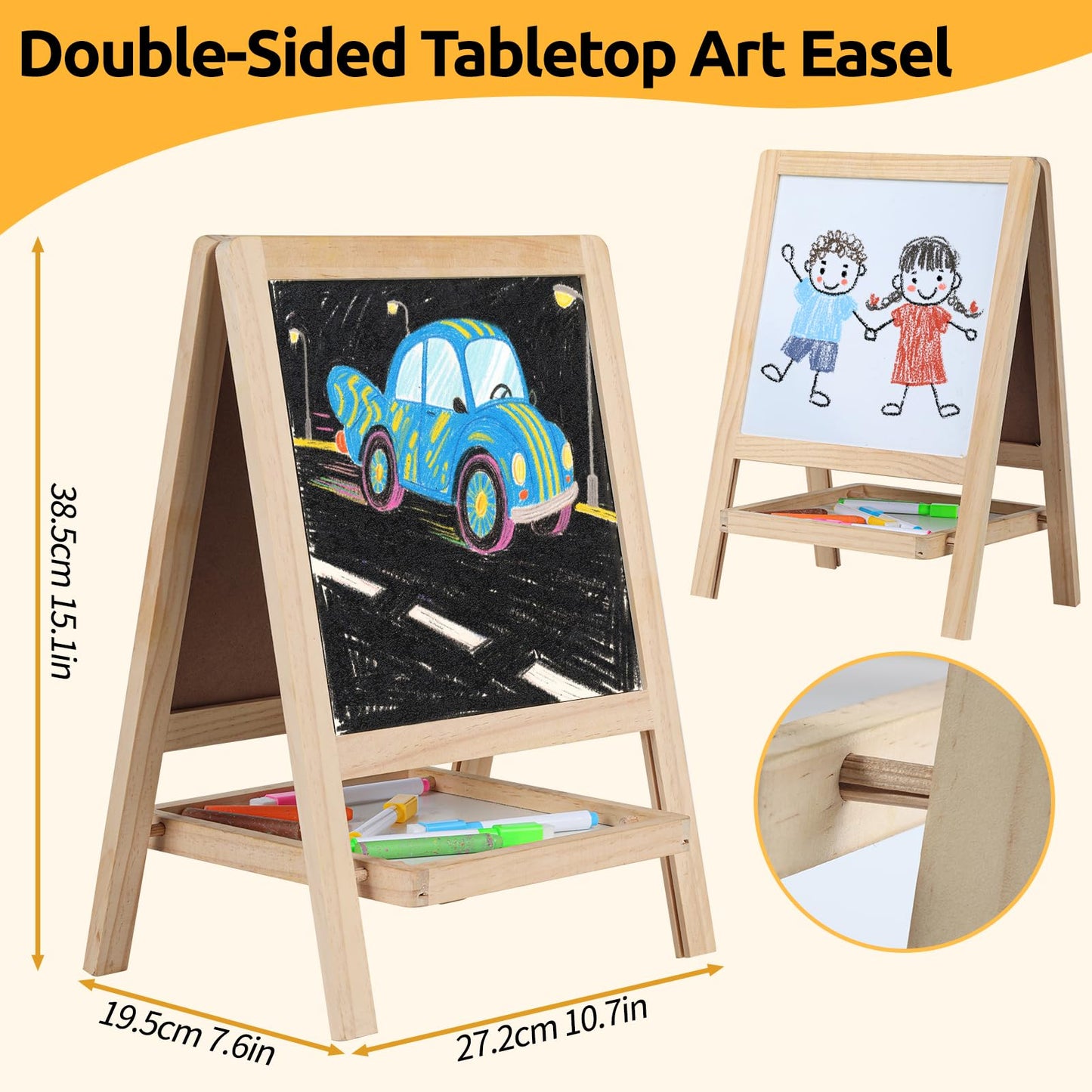 Dreamtailor Tabletop Wooden Art Easel for Kids 2-4 — Double-Sided Chalkboard & Whiteboard with Magnets