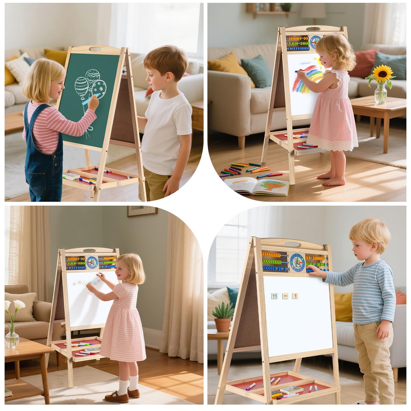 Dreamtailor Kids Wooden Easel with Abacus — Double-Sided Magnetic Whiteboard & Chalkboard, Foldable for Toddlers 2-6