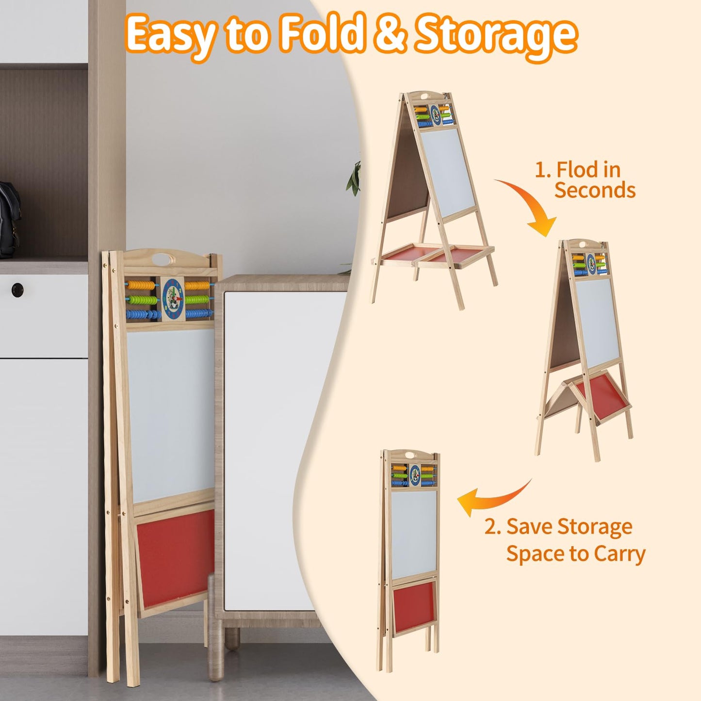 Dreamtailor Kids Wooden Easel with Abacus — Double-Sided Magnetic Whiteboard & Chalkboard, Foldable for Toddlers 2-6