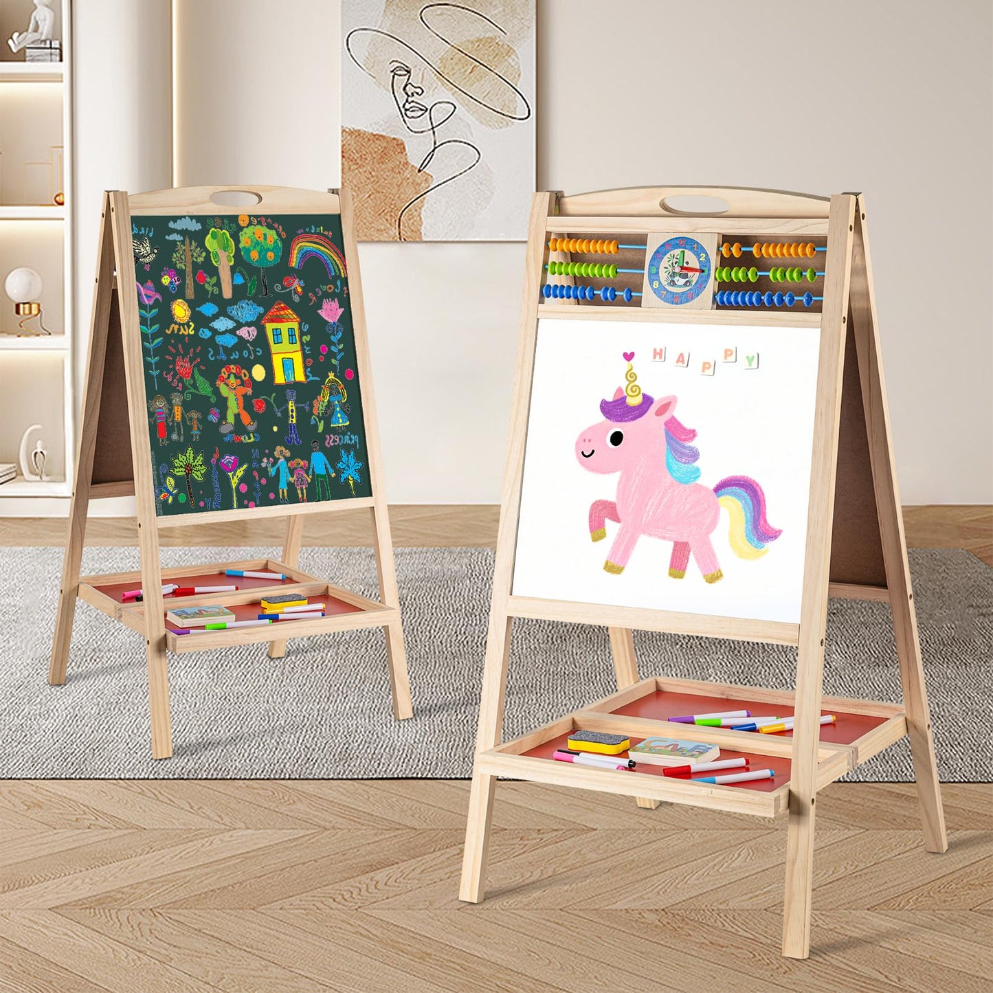 Dreamtailor Kids Wooden Easel with Abacus — Double-Sided Magnetic Whiteboard & Chalkboard, Foldable for Toddlers 2-6