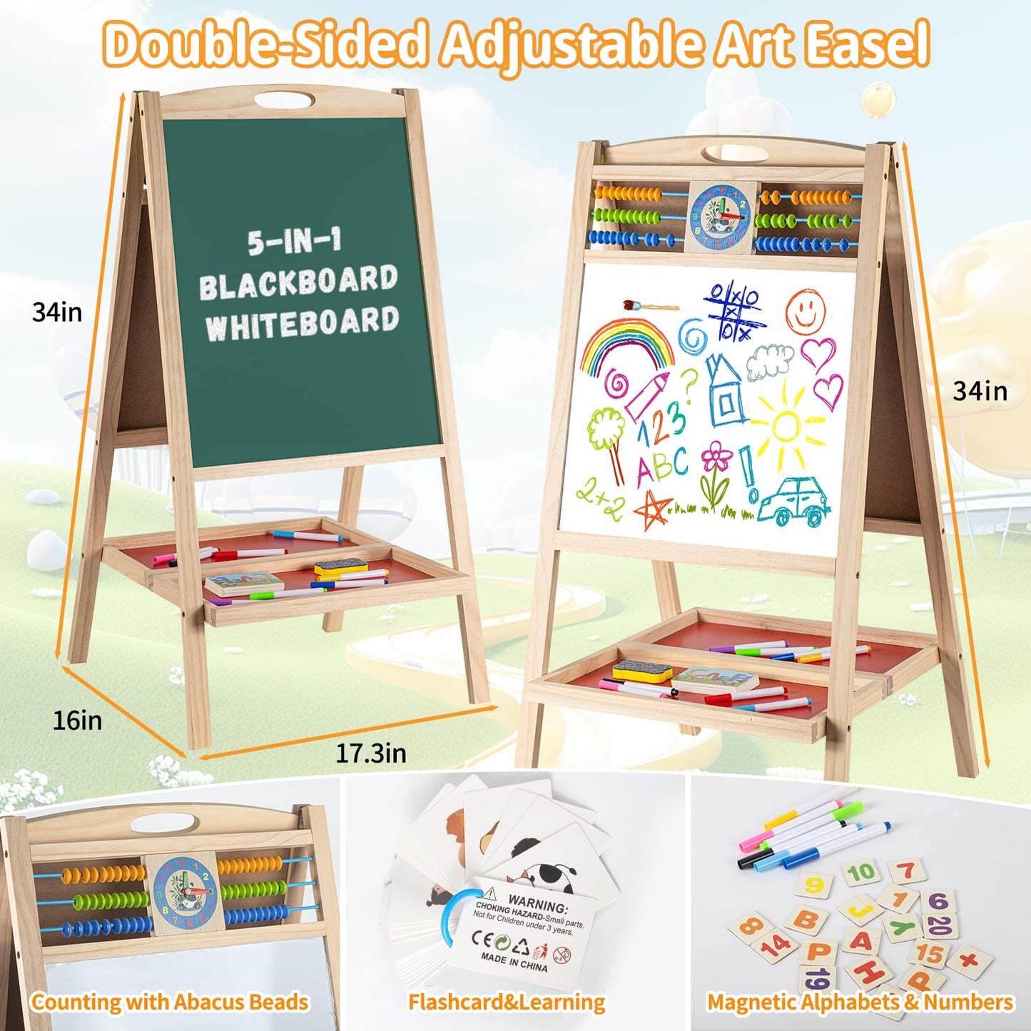 Dreamtailor Kids Wooden Easel with Abacus — Double-Sided Magnetic Whiteboard & Chalkboard, Foldable for Toddlers 2-6