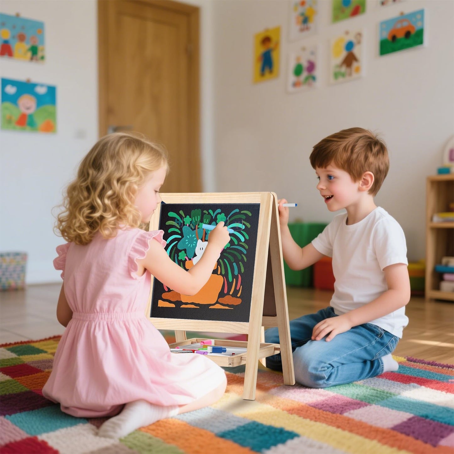 Dreamtailor Tabletop Wooden Art Easel for Kids 2-4 — Double-Sided Chalkboard & Whiteboard with Magnets