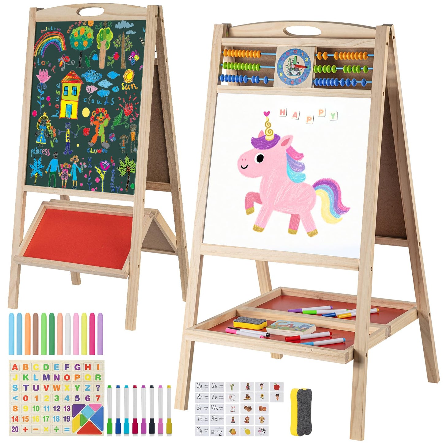 Dreamtailor Kids Wooden Easel with Abacus — Double-Sided Magnetic Whiteboard & Chalkboard, Foldable for Toddlers 2-6
