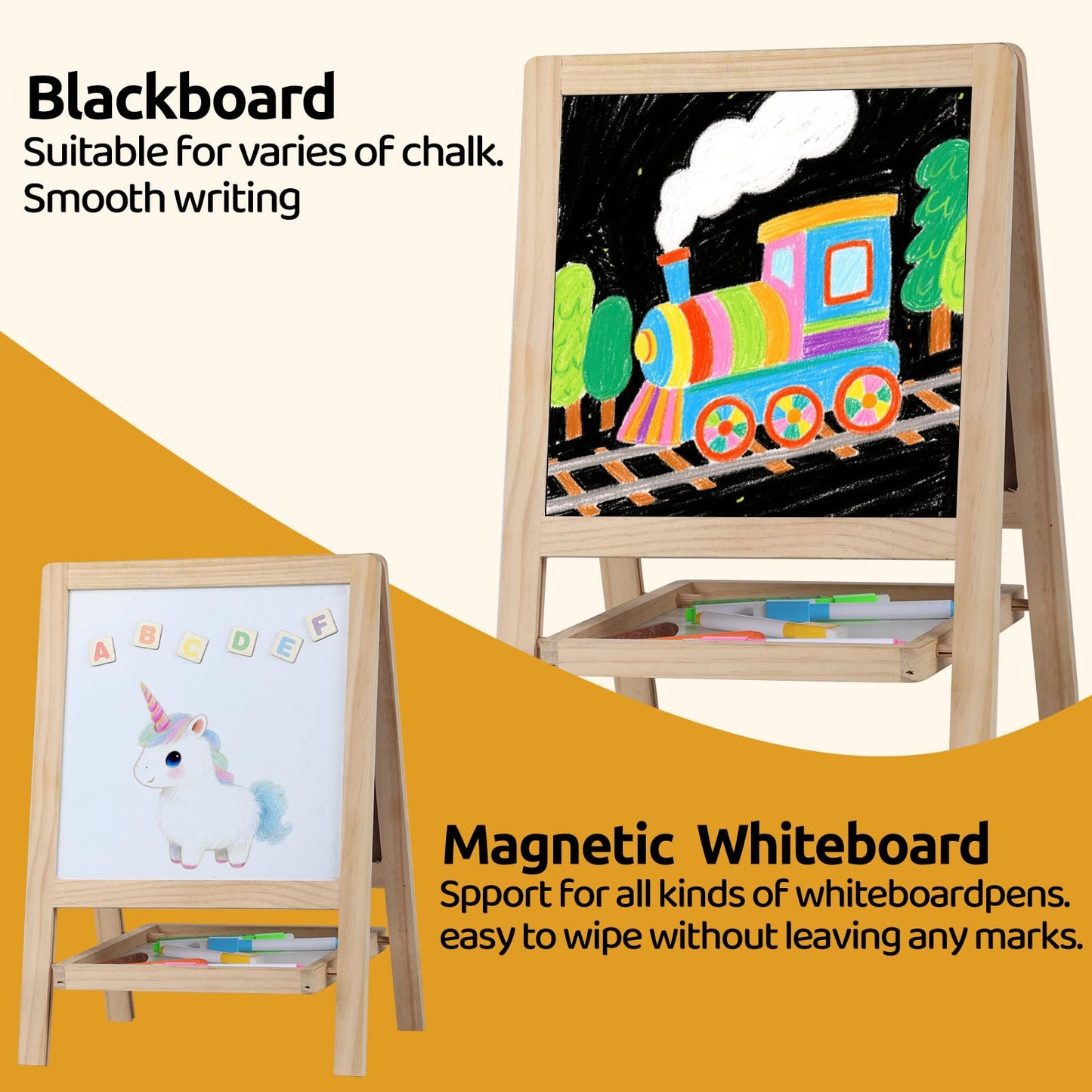Dreamtailor Tabletop Wooden Art Easel for Kids 2-4 — Double-Sided Chalkboard & Whiteboard with Magnets