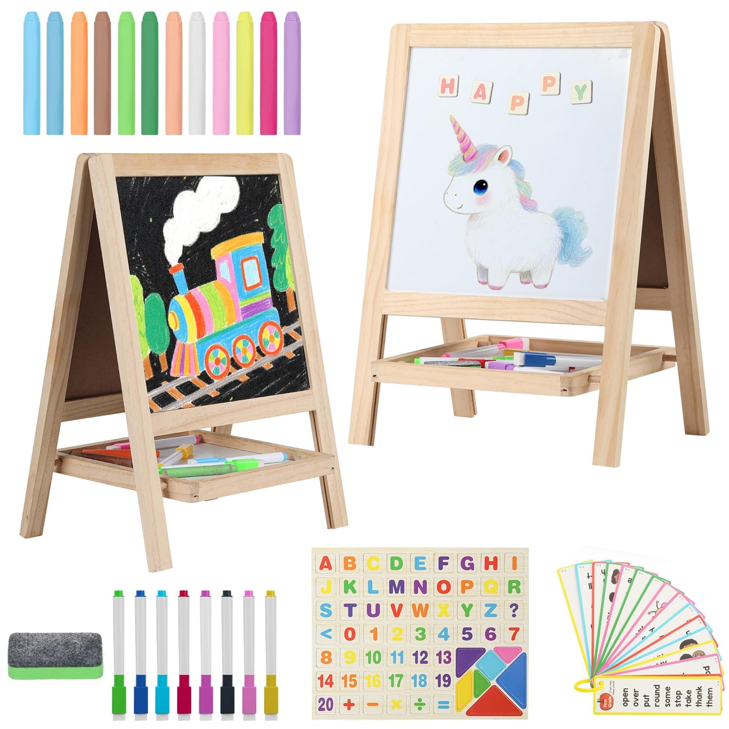 Dreamtailor Tabletop Wooden Art Easel for Kids 2-4 — Double-Sided Chalkboard & Whiteboard with Magnets