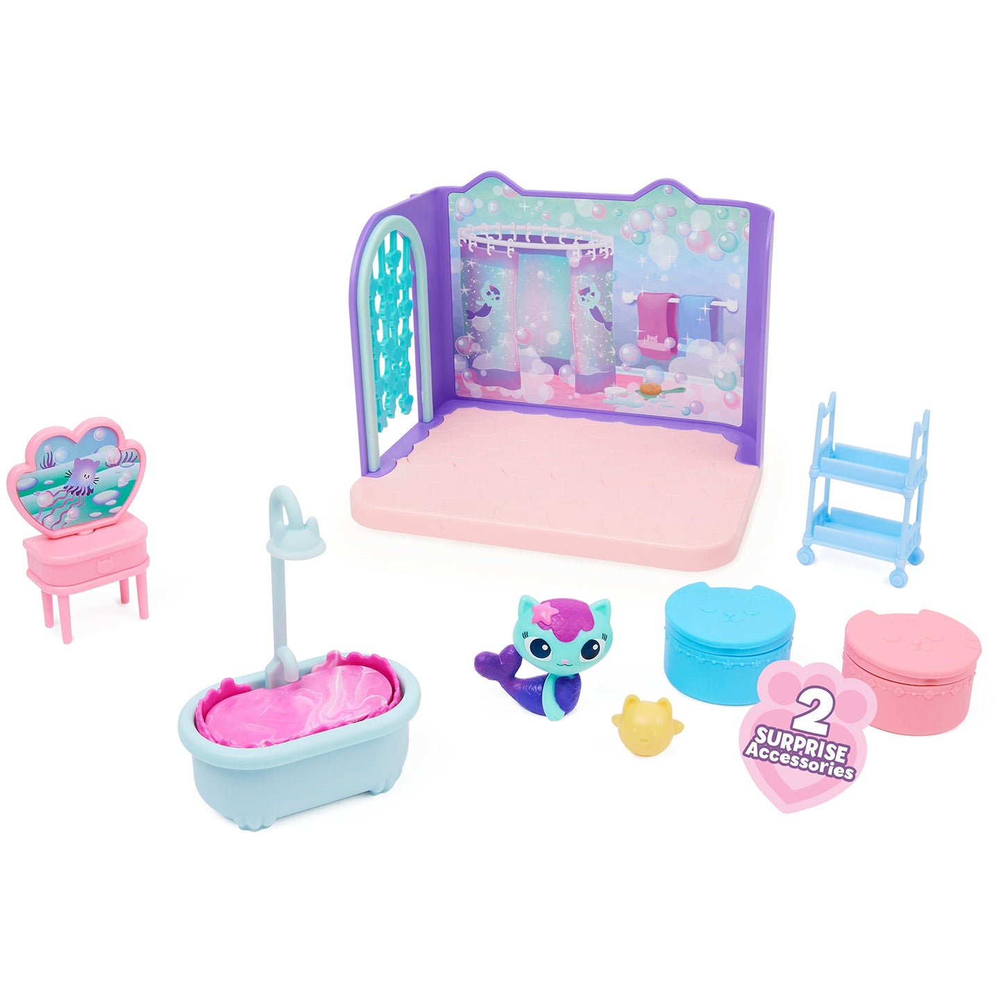 Gabby’s Dollhouse Primp & Pamper Bathroom with MerCat – 3 Accessories & 2 Deliveries