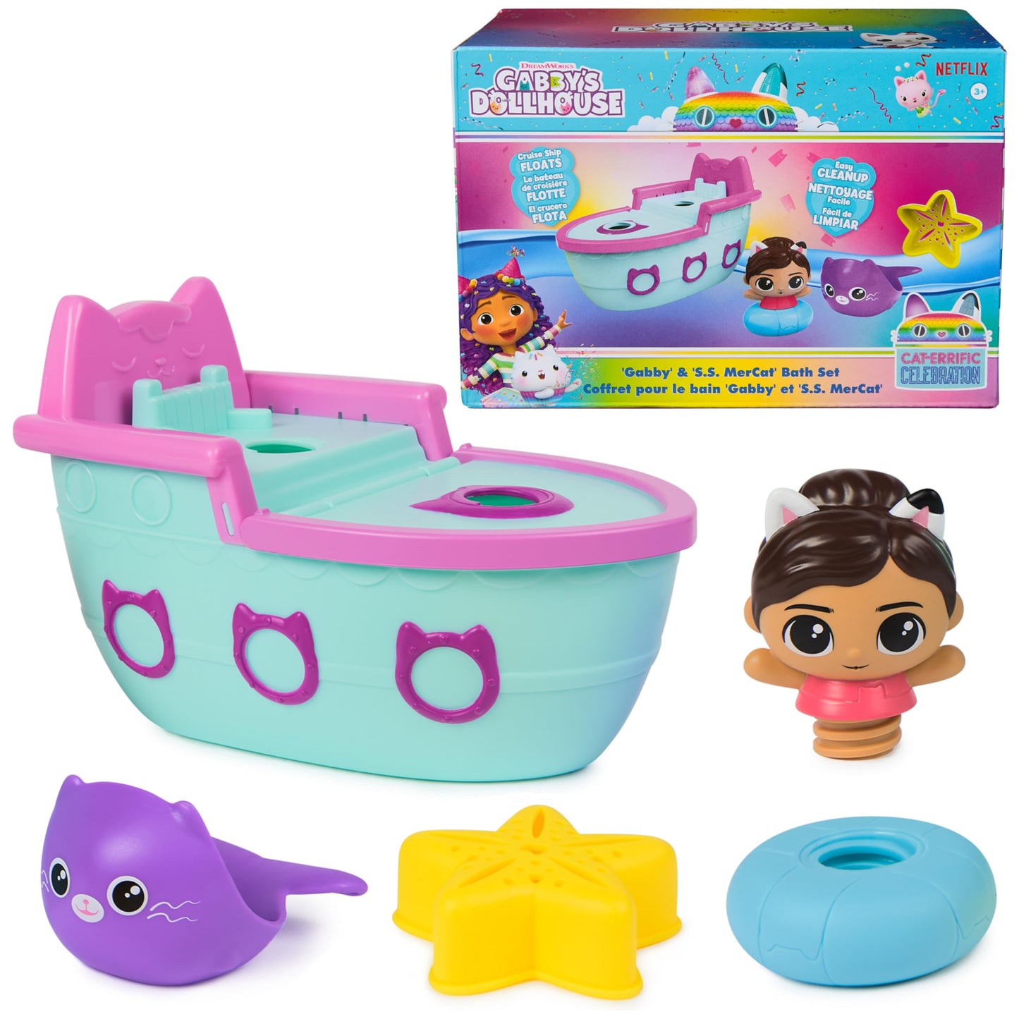 DreamWorks Gabby's Dollhouse Gabby & SS Mercat Bath Set – Floating Squirter & Cruise Ship Toy (Ages 3+)