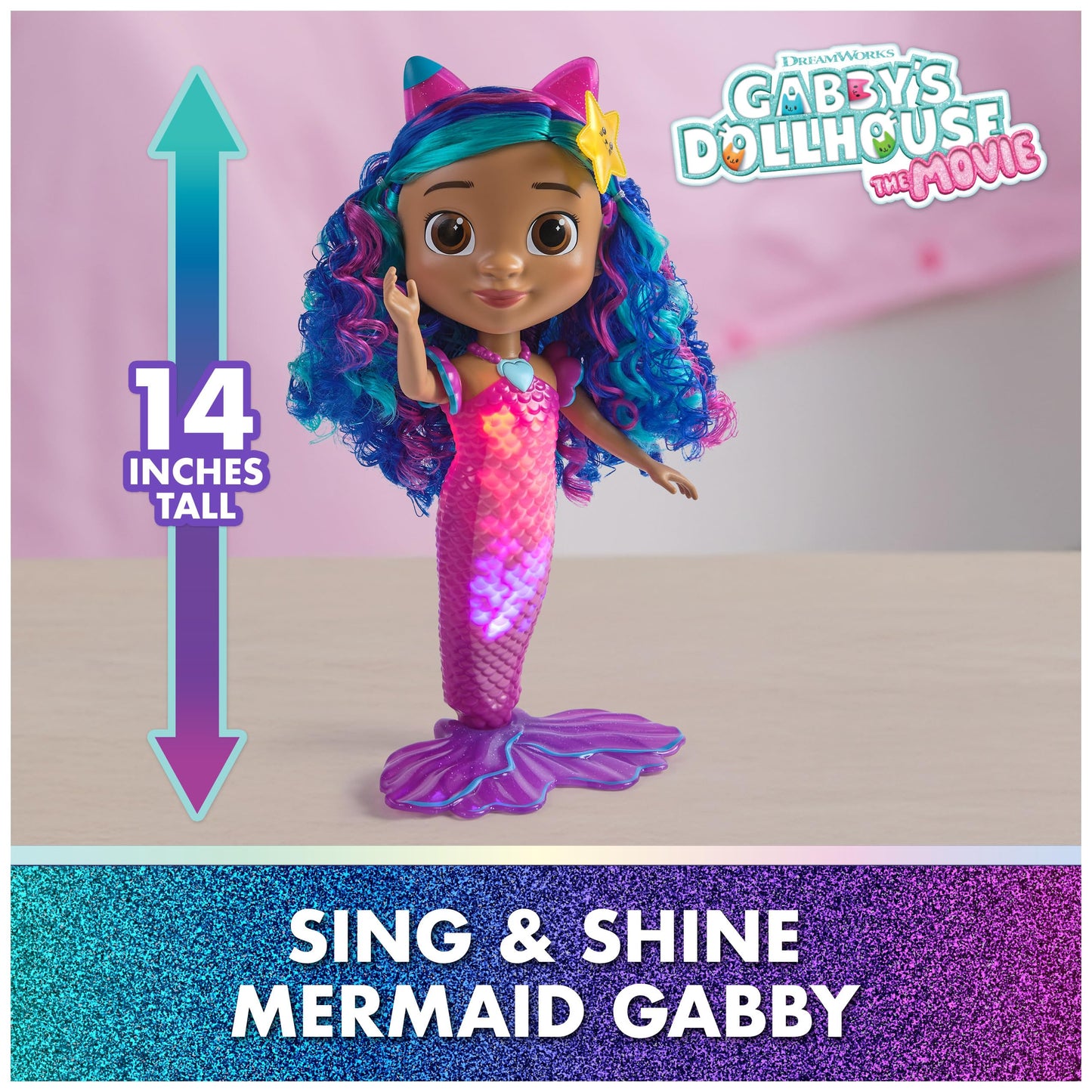 DreamWorks Gabby’s Dollhouse Sing & Shine Mermaid Gabby – Lights, Sounds & Waterproof Tail
