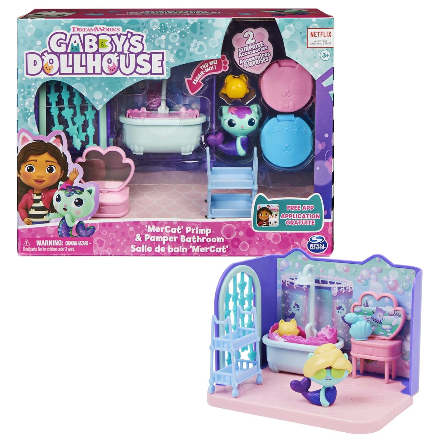 Gabby’s Dollhouse Primp & Pamper Bathroom with MerCat – 3 Accessories & 2 Deliveries