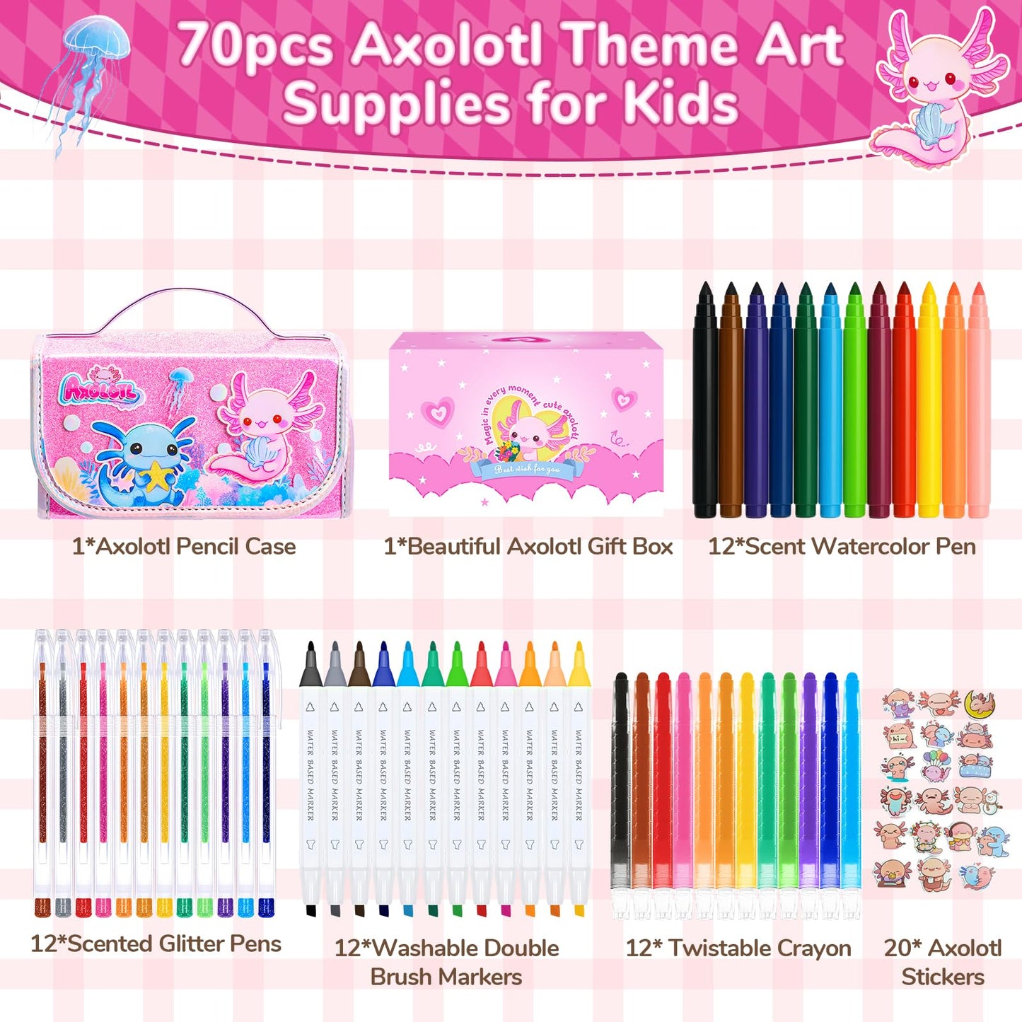 DreamyCandy 70PCS Axolotl Markers Set with Glitter Case – Non-Toxic Art Kit for Kids