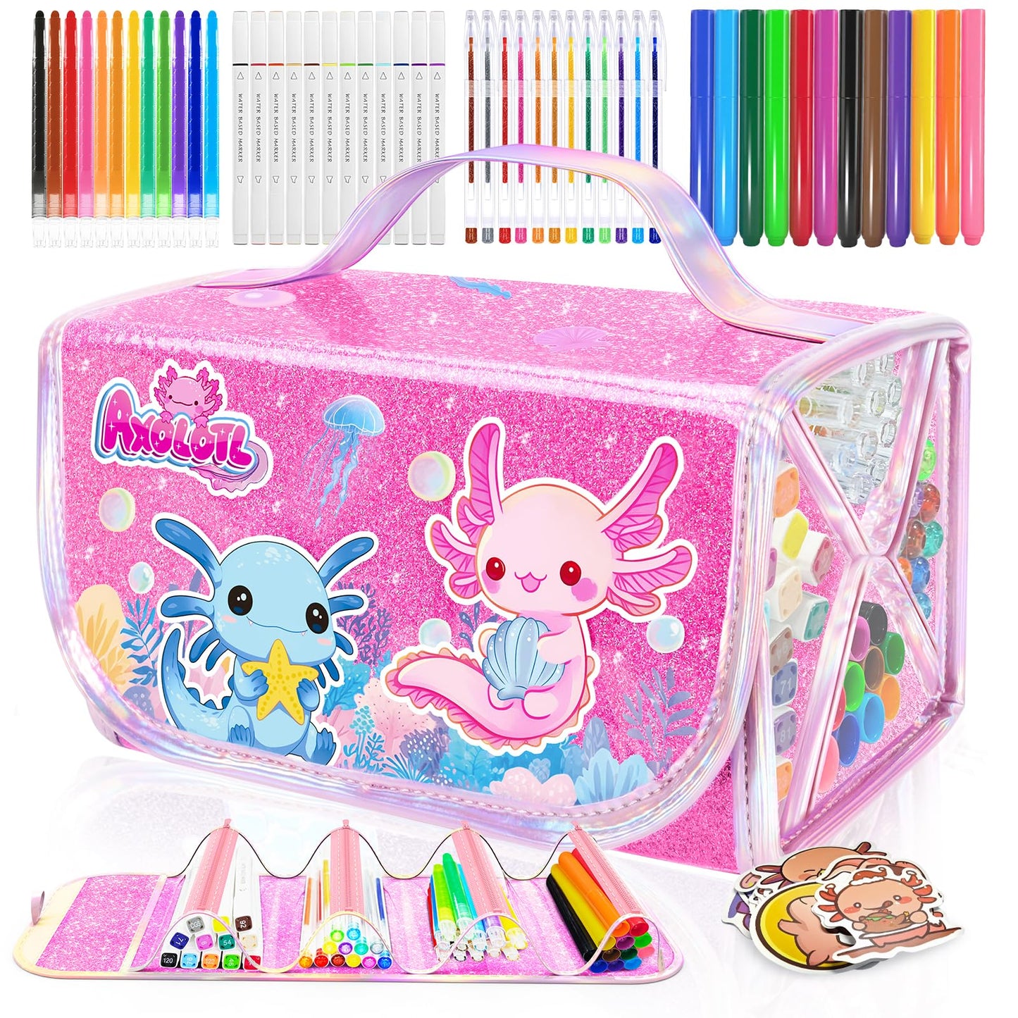 DreamyCandy 70PCS Axolotl Markers Set with Glitter Case – Non-Toxic Art Kit for Kids
