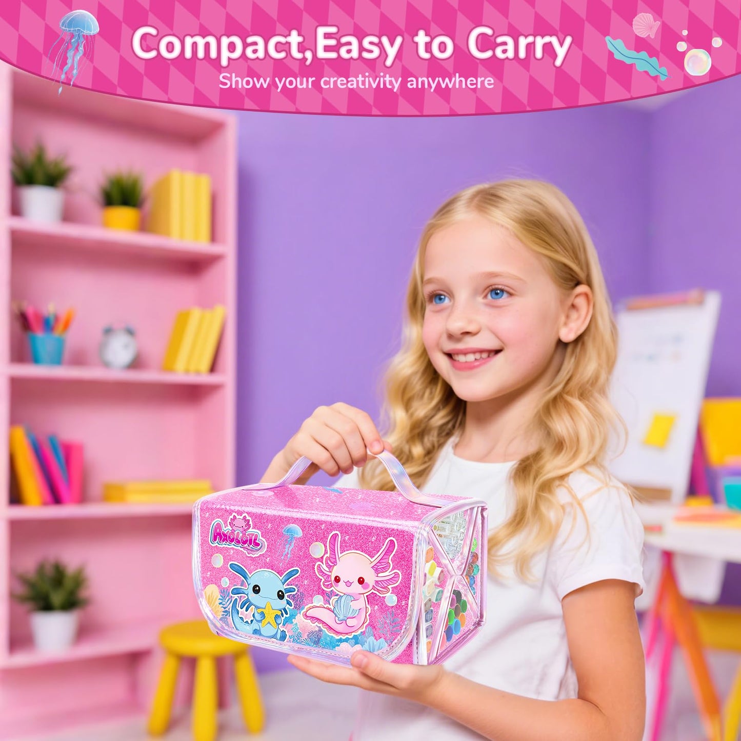DreamyCandy 70PCS Axolotl Markers Set with Glitter Case – Non-Toxic Art Kit for Kids