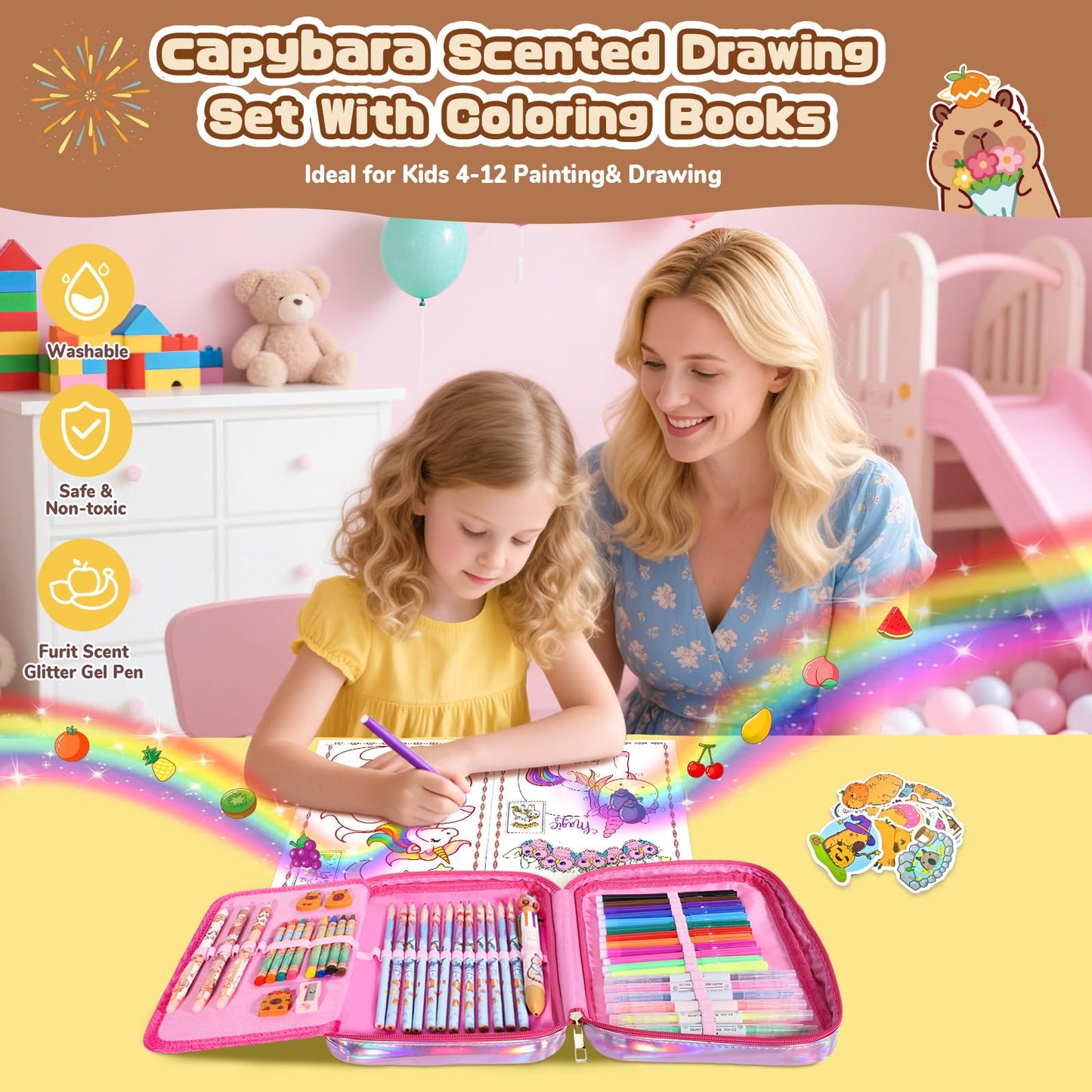 DreamyCandy Capybara 73PCS Washable Markers Set with Glitter Pencil Case