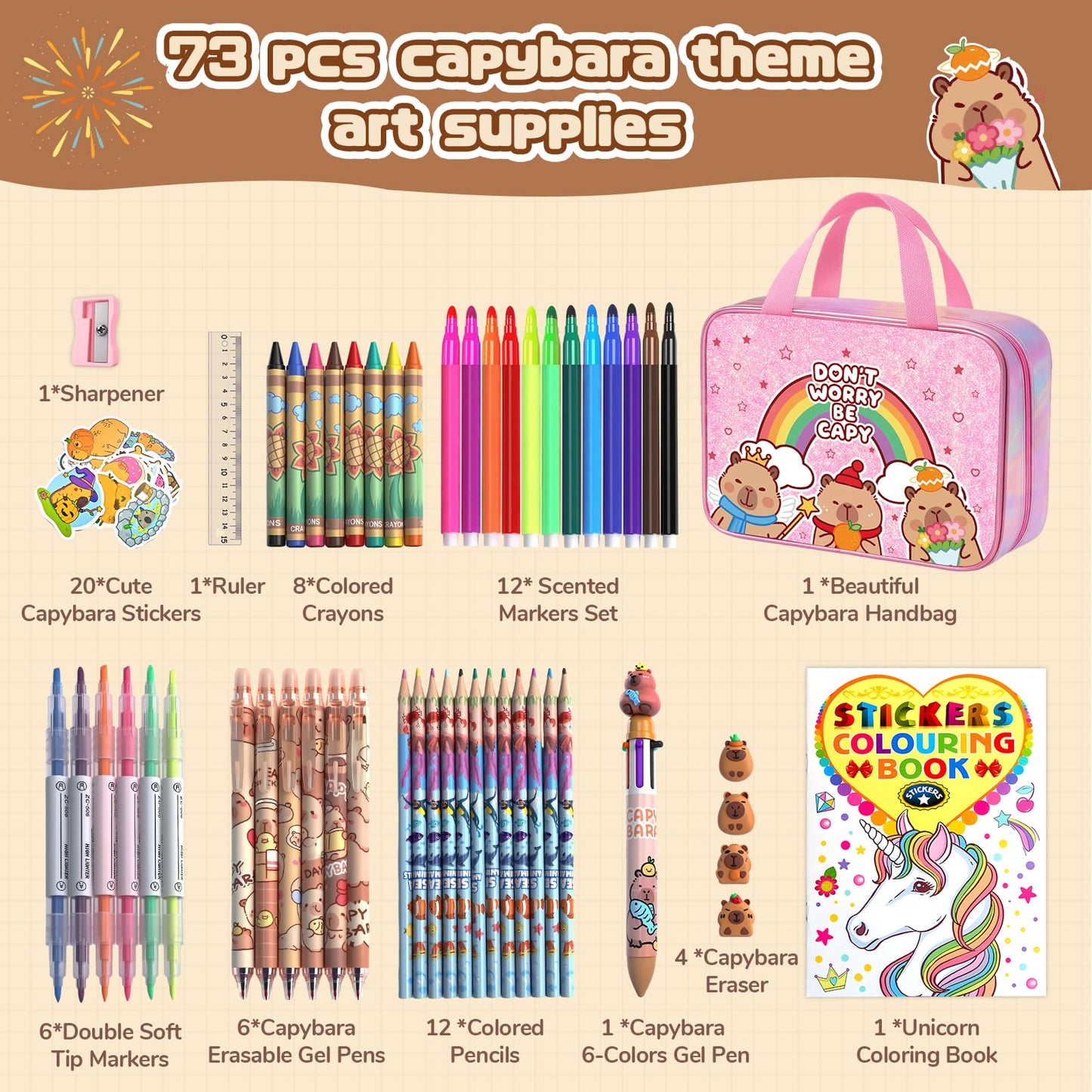 DreamyCandy Capybara 73PCS Washable Markers Set with Glitter Pencil Case