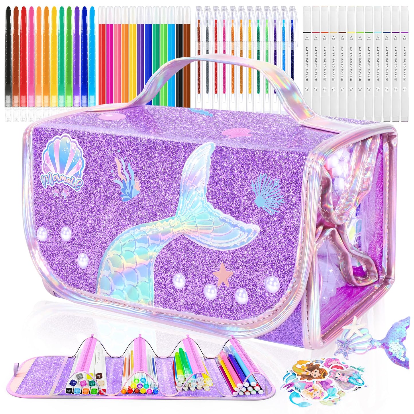 DreamyCandy 70PCS Mermaid Washable Markers Set with Glitter Pencil Case | Kids Art Supplies