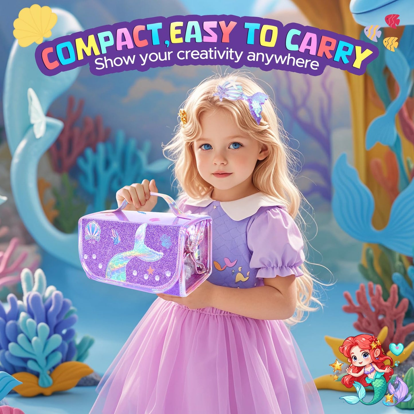 DreamyCandy 70PCS Mermaid Washable Markers Set with Glitter Pencil Case | Kids Art Supplies