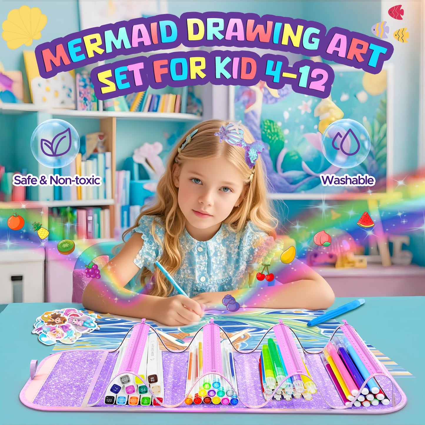 DreamyCandy 70PCS Mermaid Washable Markers Set with Glitter Pencil Case | Kids Art Supplies