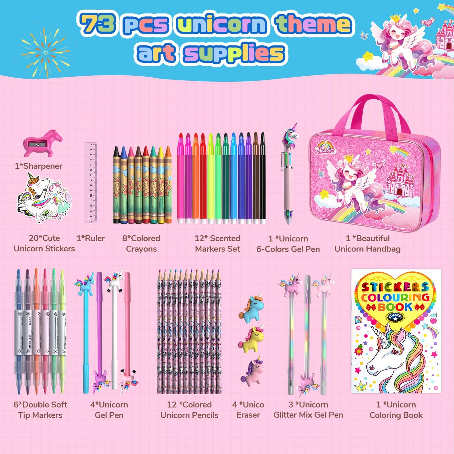 DreamyCandy 73PCS Unicorn Washable Markers Set with Glitter Pencil Case – Art Kit for Girls 4–10