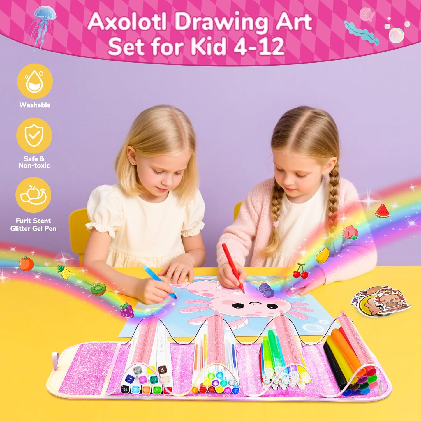 DreamyCandy 70PCS Axolotl Markers Set with Glitter Case – Non-Toxic Art Kit for Kids