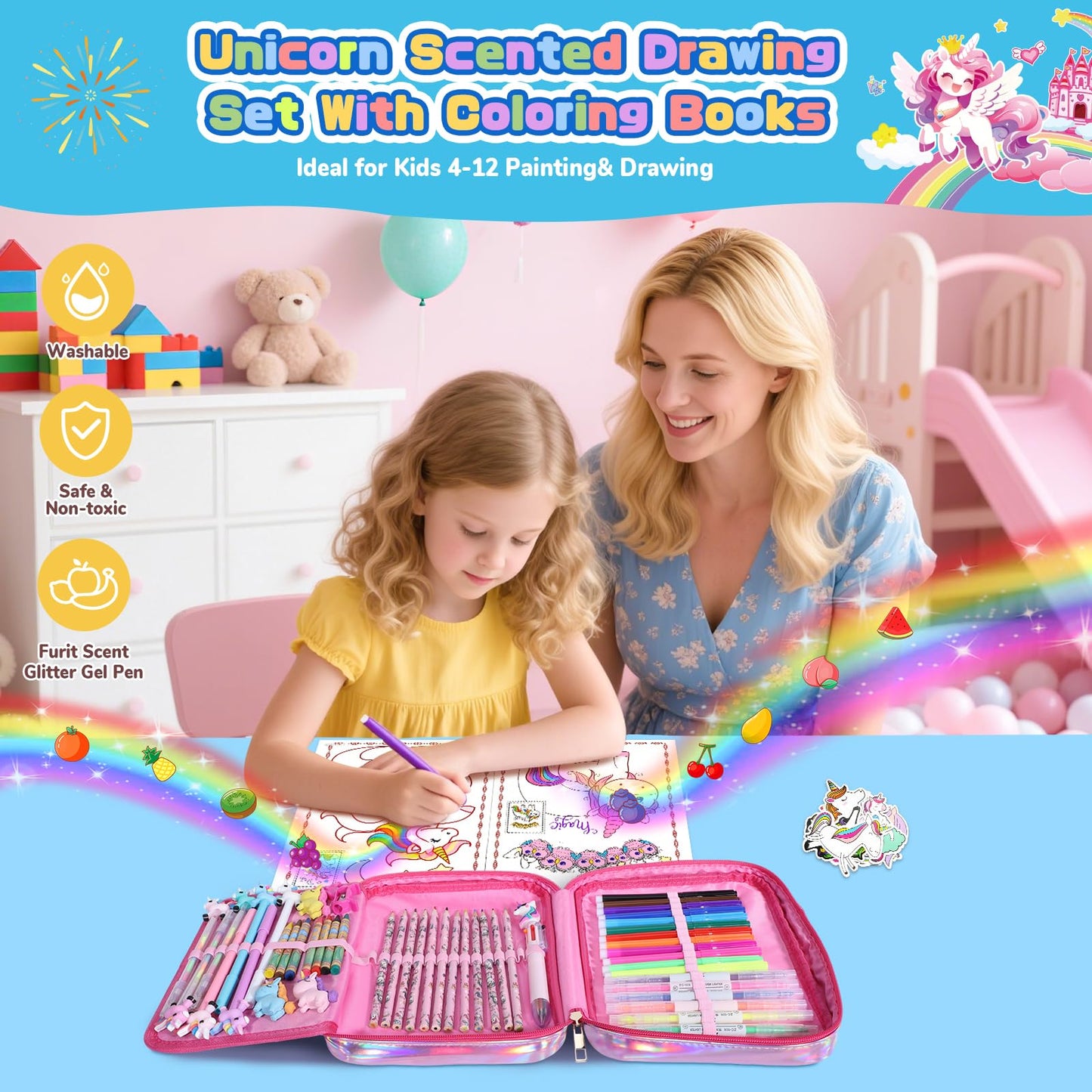 DreamyCandy 73PCS Unicorn Washable Markers Set with Glitter Pencil Case – Art Kit for Girls 4–10