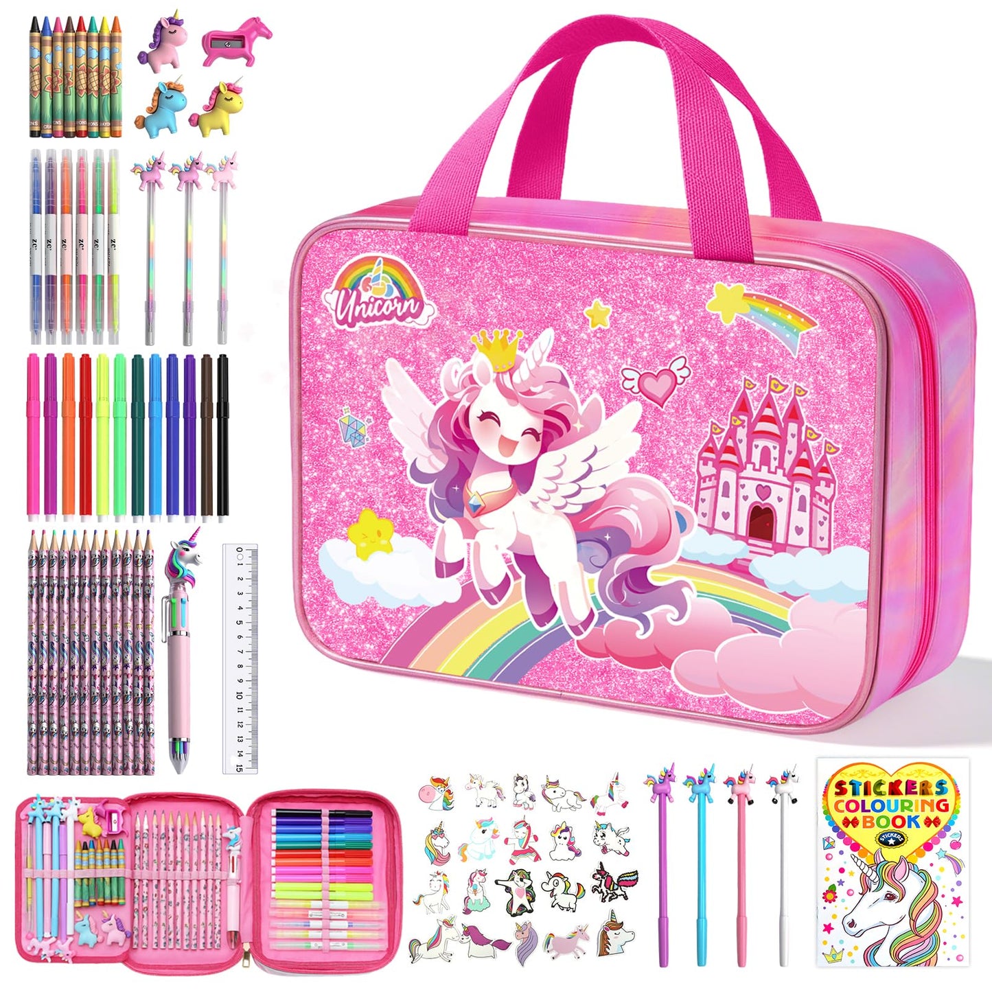 DreamyCandy 73PCS Unicorn Washable Markers Set with Glitter Pencil Case – Art Kit for Girls 4–10