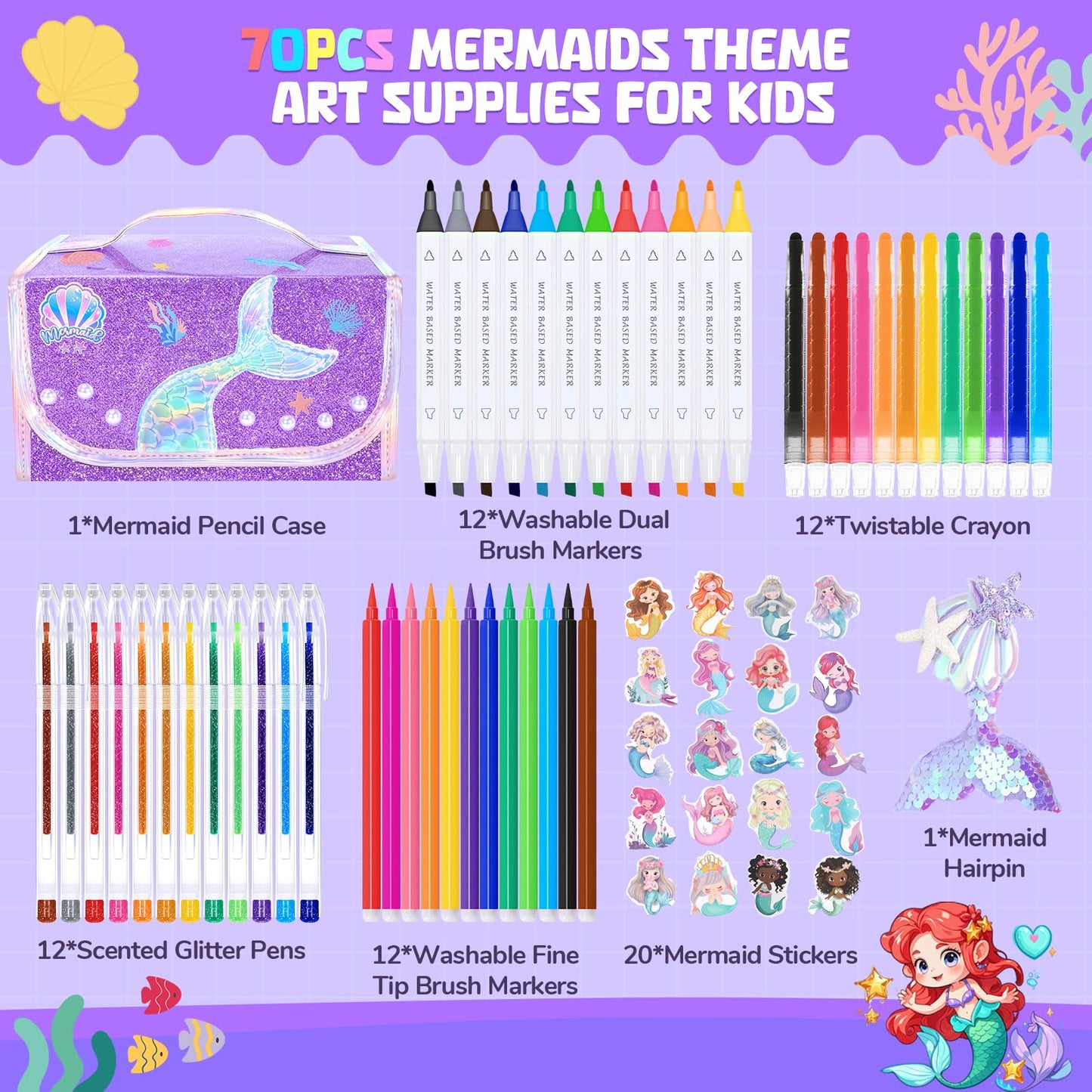 DreamyCandy 70PCS Mermaid Washable Markers Set with Glitter Pencil Case | Kids Art Supplies