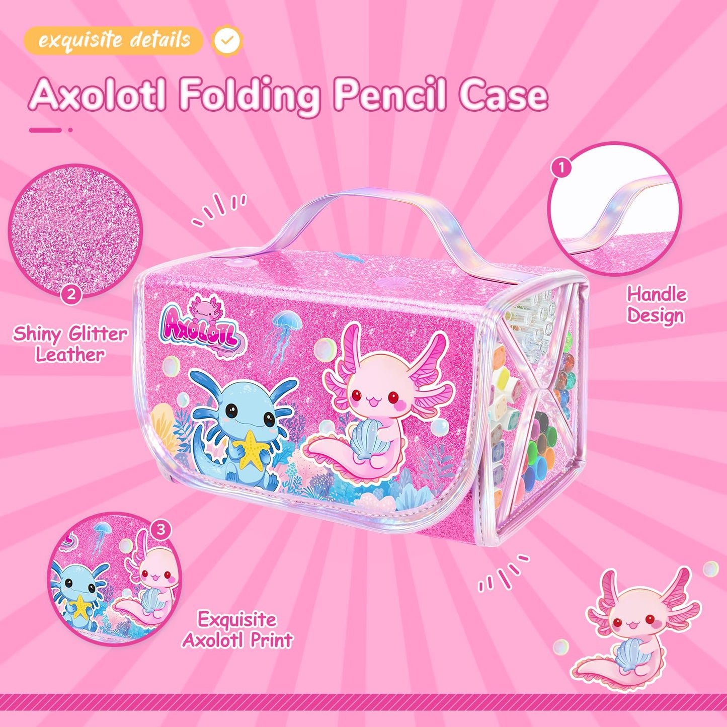 DreamyCandy 70PCS Axolotl Markers Set with Glitter Case – Non-Toxic Art Kit for Kids