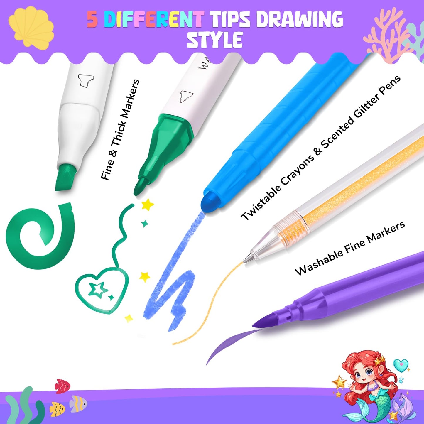 DreamyCandy 70PCS Mermaid Washable Markers Set with Glitter Pencil Case | Kids Art Supplies
