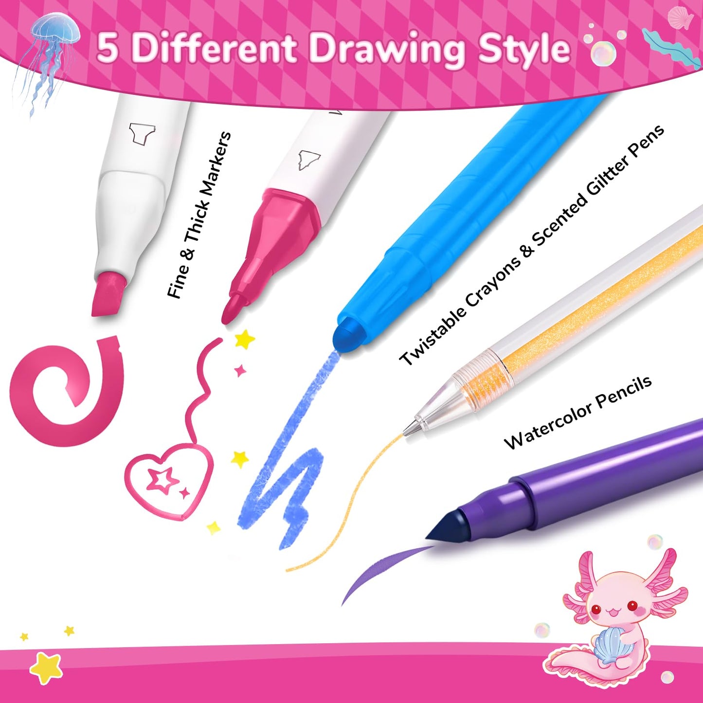 DreamyCandy 70PCS Axolotl Markers Set with Glitter Case – Non-Toxic Art Kit for Kids