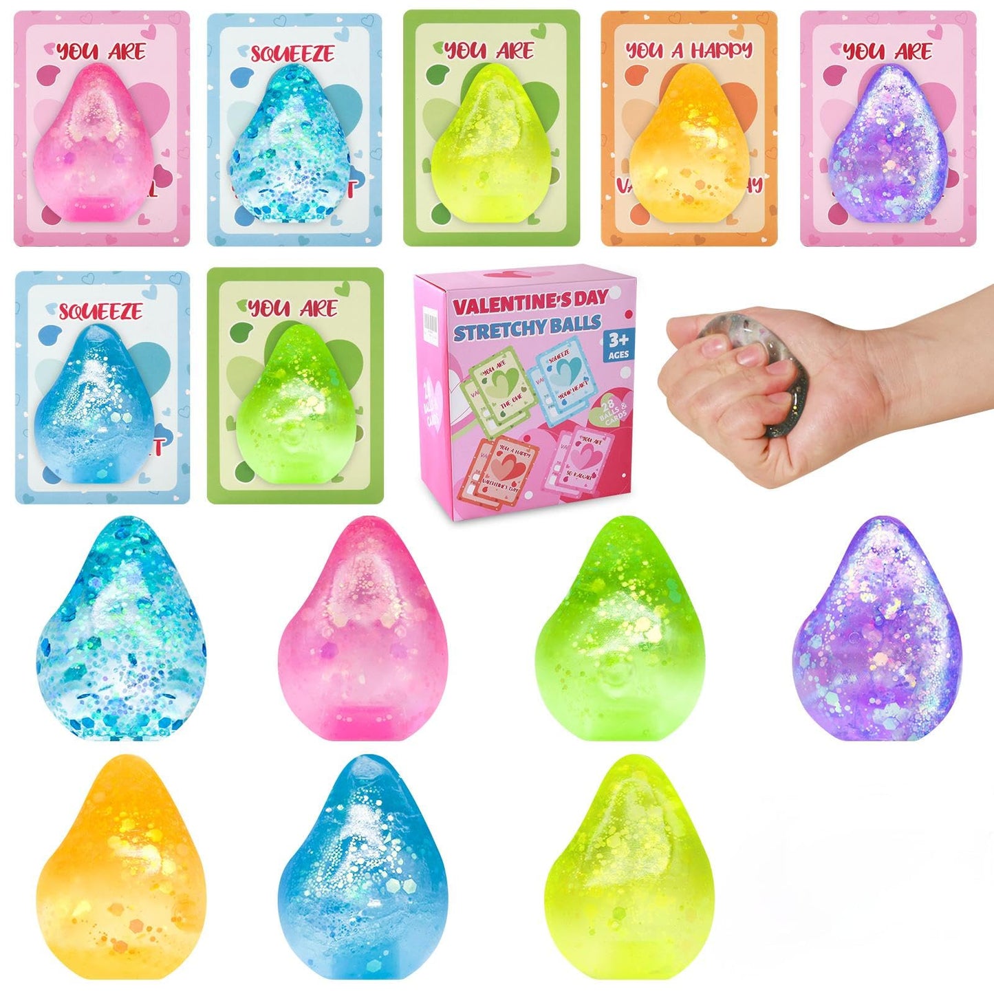 Drephere 28-Pack Valentines Classroom Gifts: Glitter Stress Balls & Cards