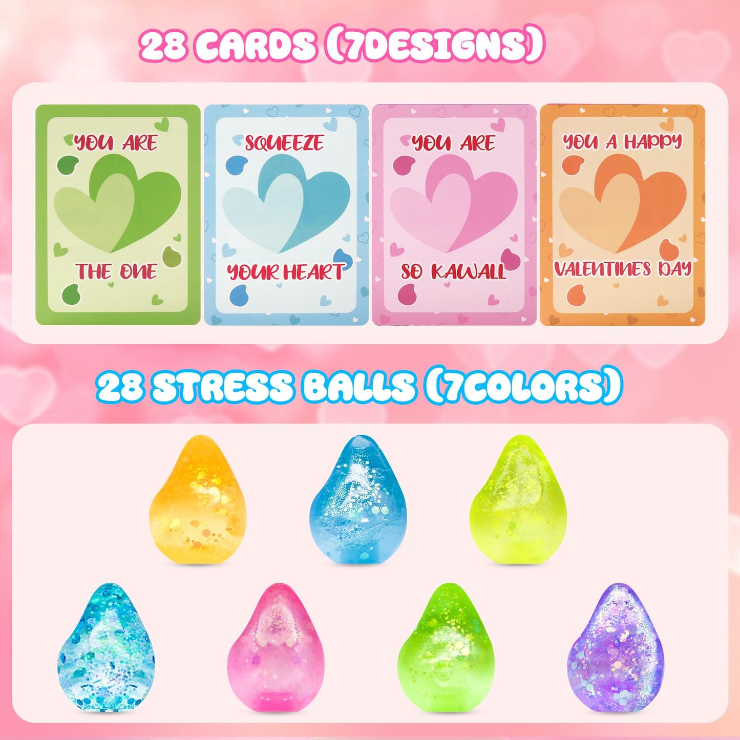 Drephere 28-Pack Valentines Classroom Gifts: Glitter Stress Balls & Cards