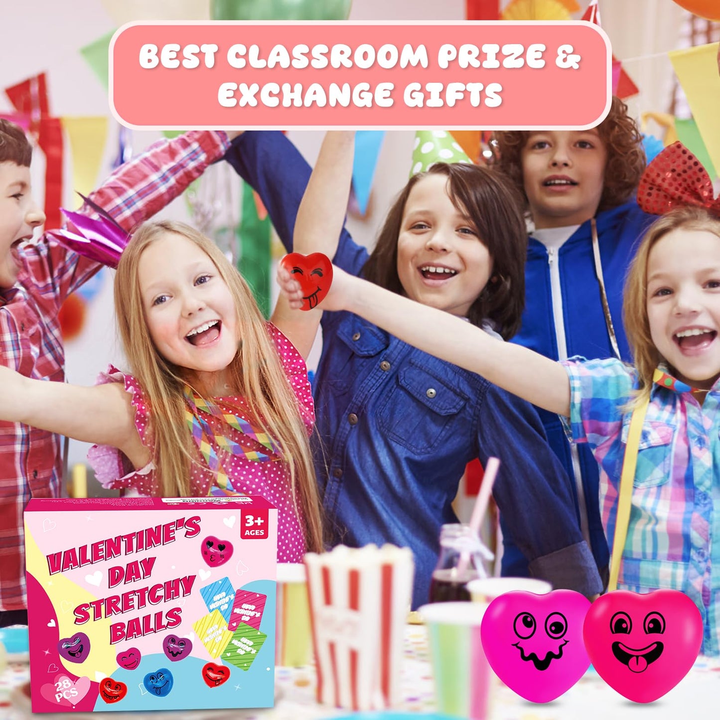 Drephere 28-Pack Valentines Day Gifts Kit – Smile Stress Balls, Cards & Bags for Classrooms