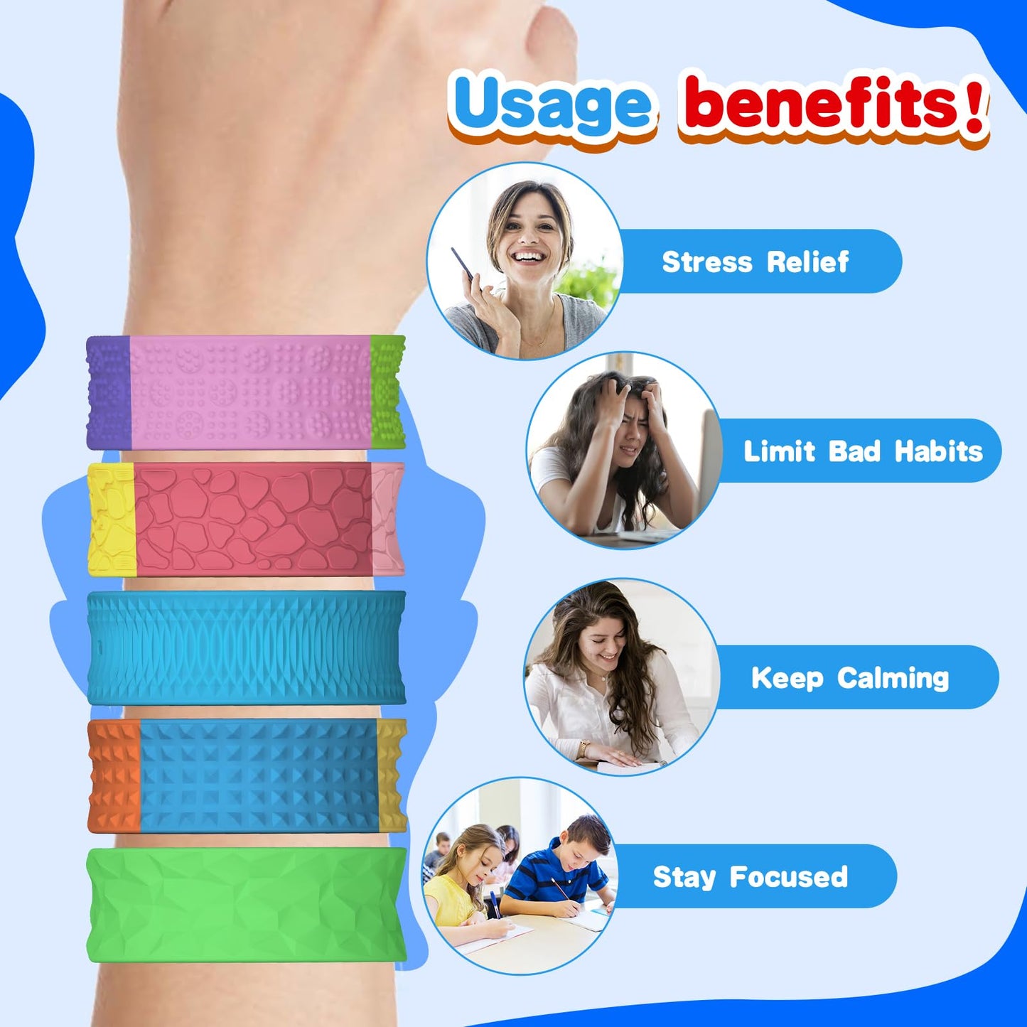 Drephere Sensory Fidget Slap Bracelets – 6-Pack Textured Silicone Toys for Focus & Calm