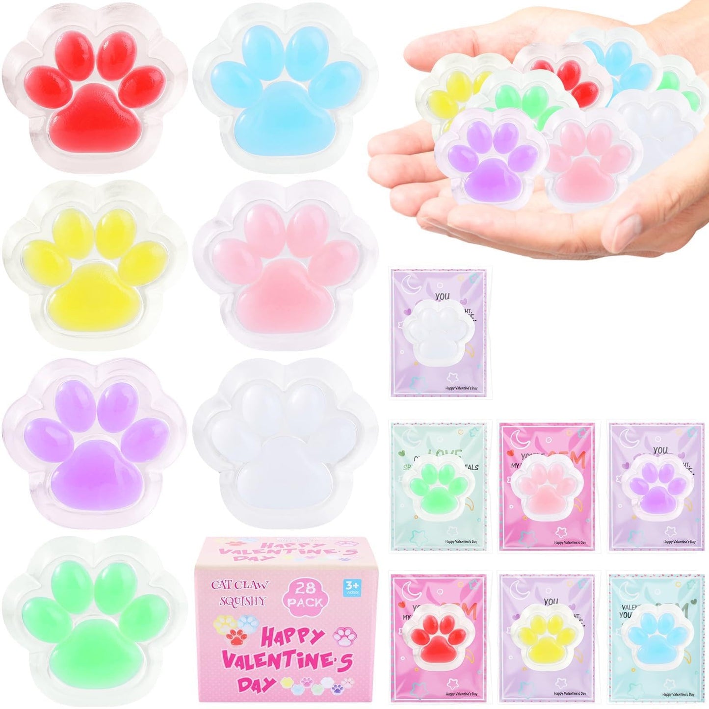 Drephere 28-Pack Taba Squishy Cat Paw Stress Balls with Valentine's Cards | Soft Sensory Fidget Toys for Kids & Classrooms