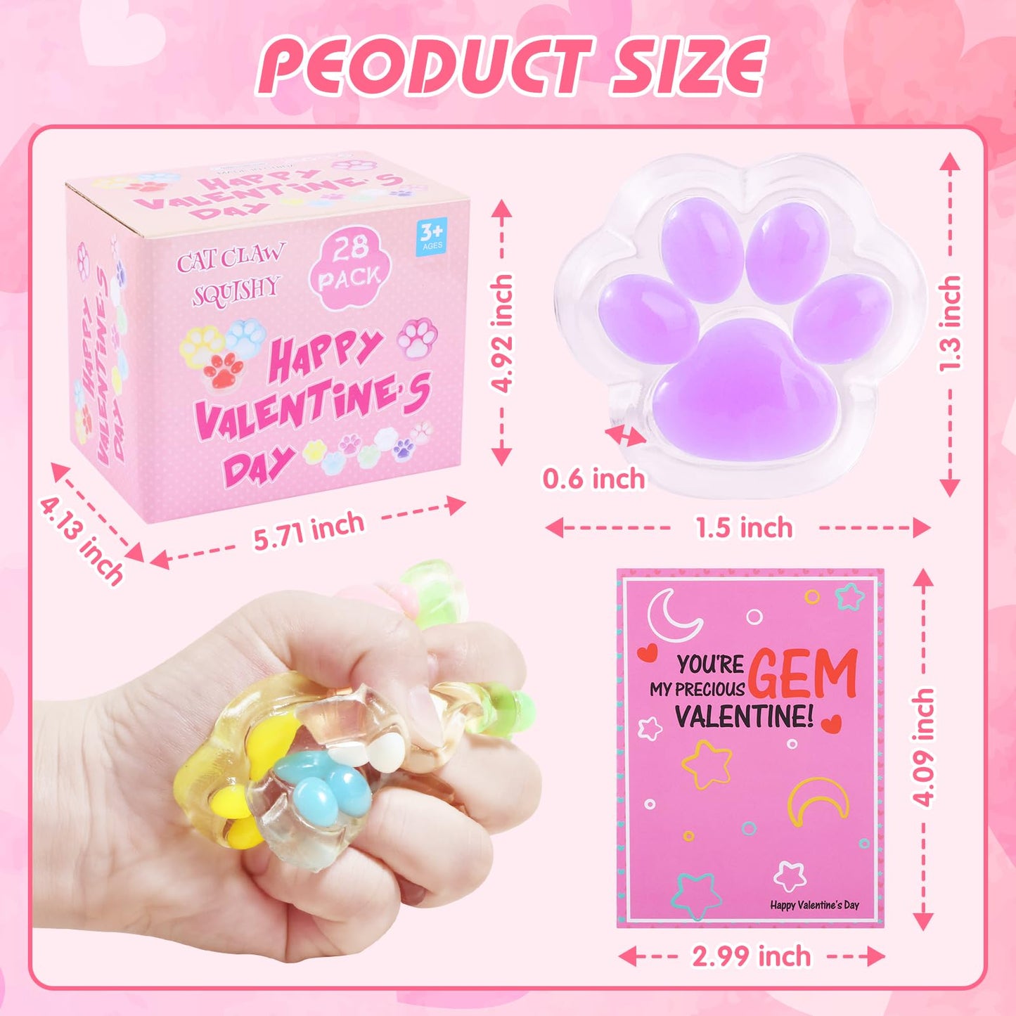 Drephere 28-Pack Taba Squishy Cat Paw Stress Balls with Valentine's Cards | Soft Sensory Fidget Toys for Kids & Classrooms