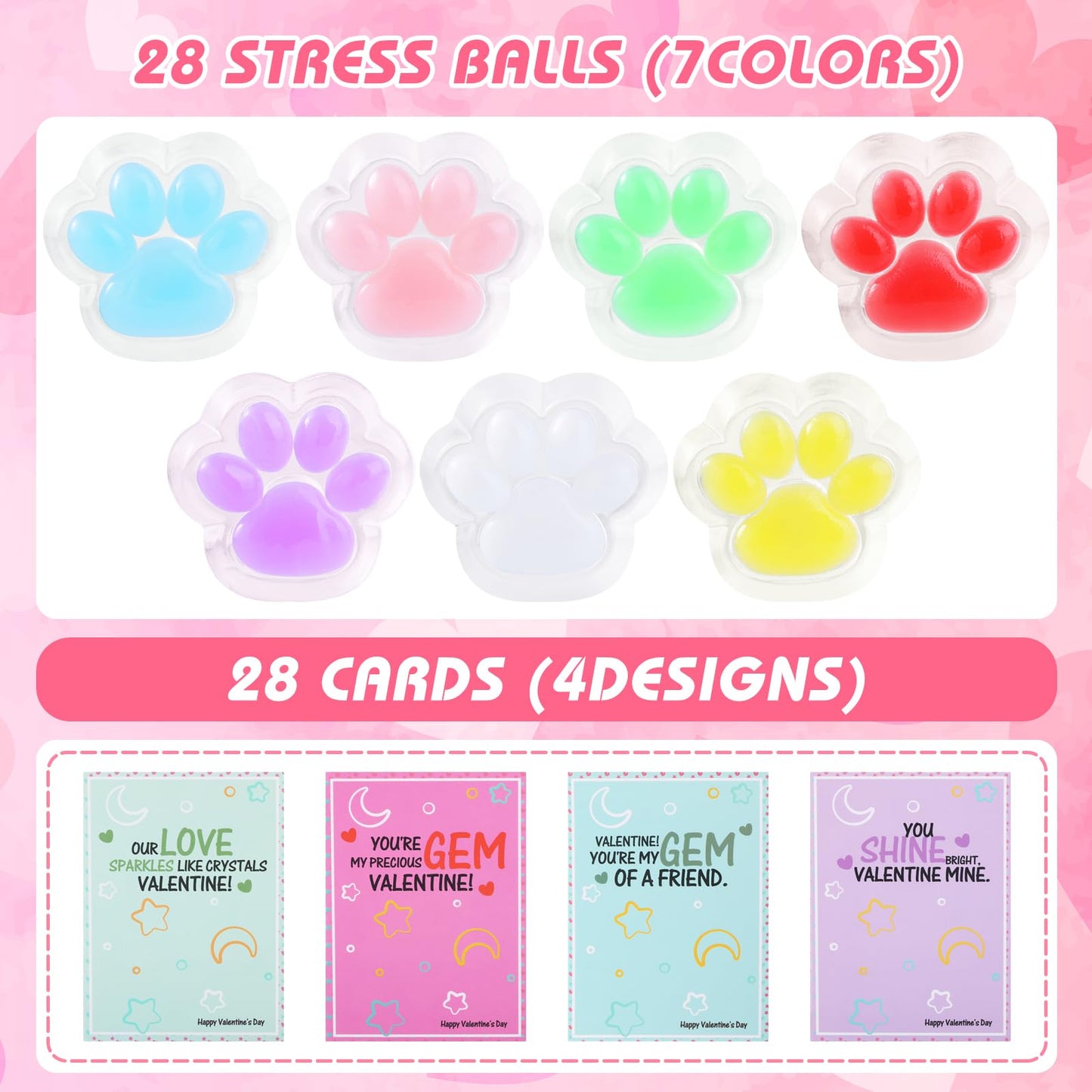 Drephere 28-Pack Taba Squishy Cat Paw Stress Balls with Valentine's Cards | Soft Sensory Fidget Toys for Kids & Classrooms